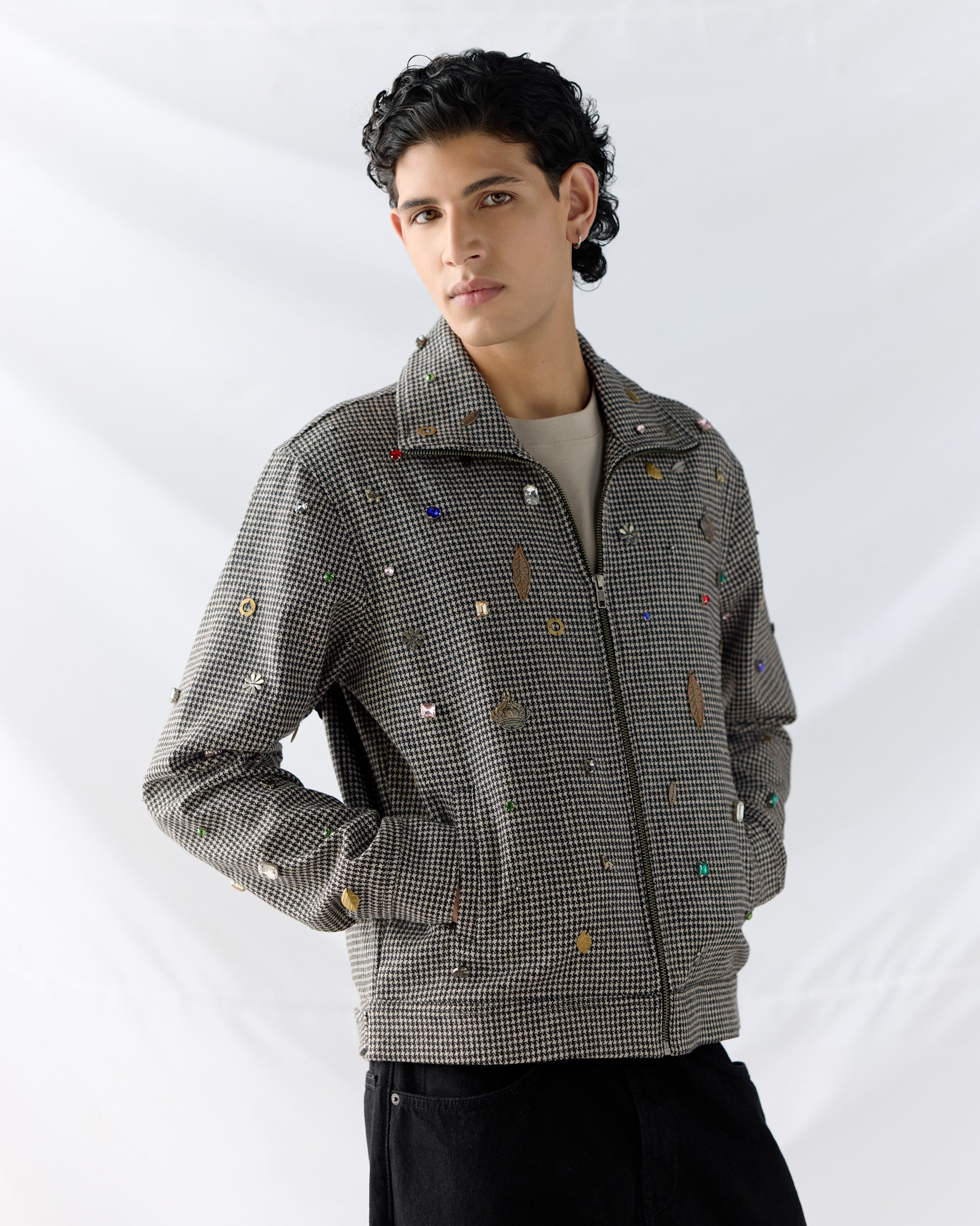 Hand embroidered wool zip up jacket