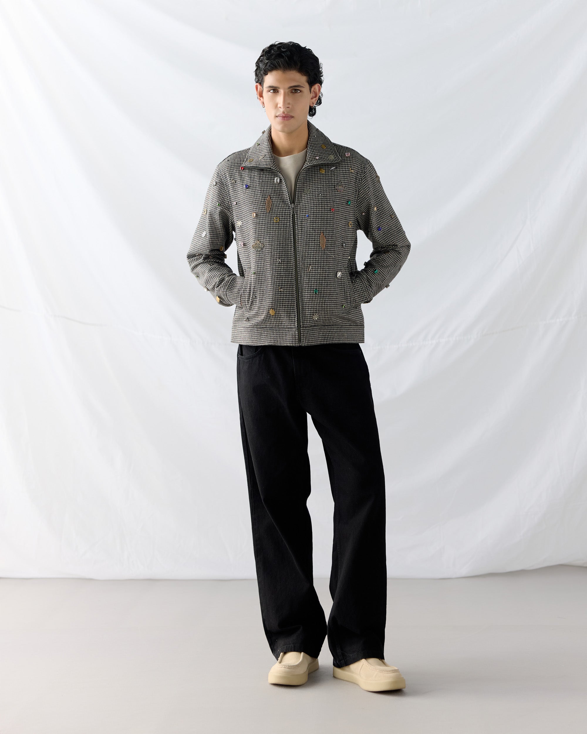 Hand embroidered wool zip up jacket