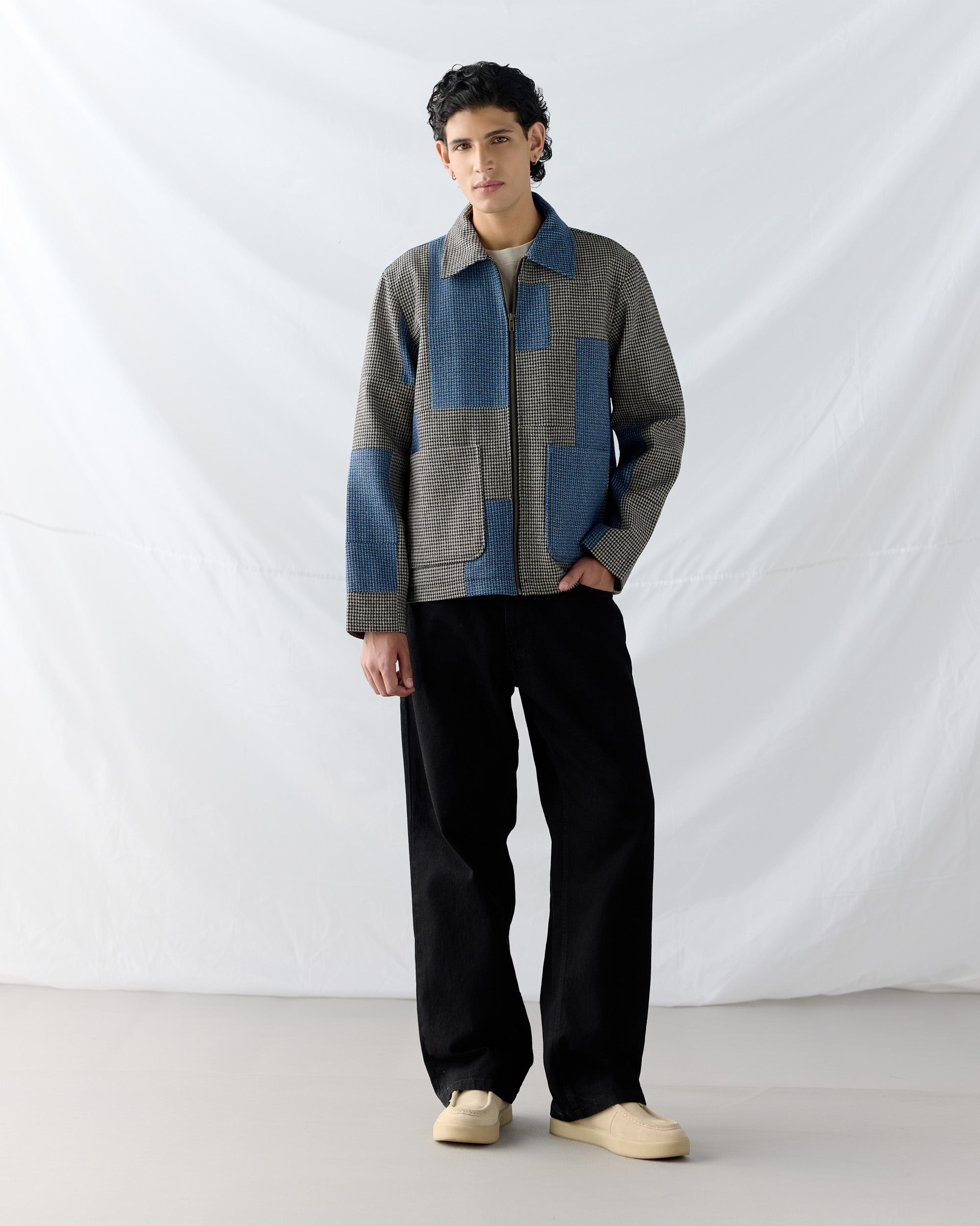 Patchwork wool zip up jacket