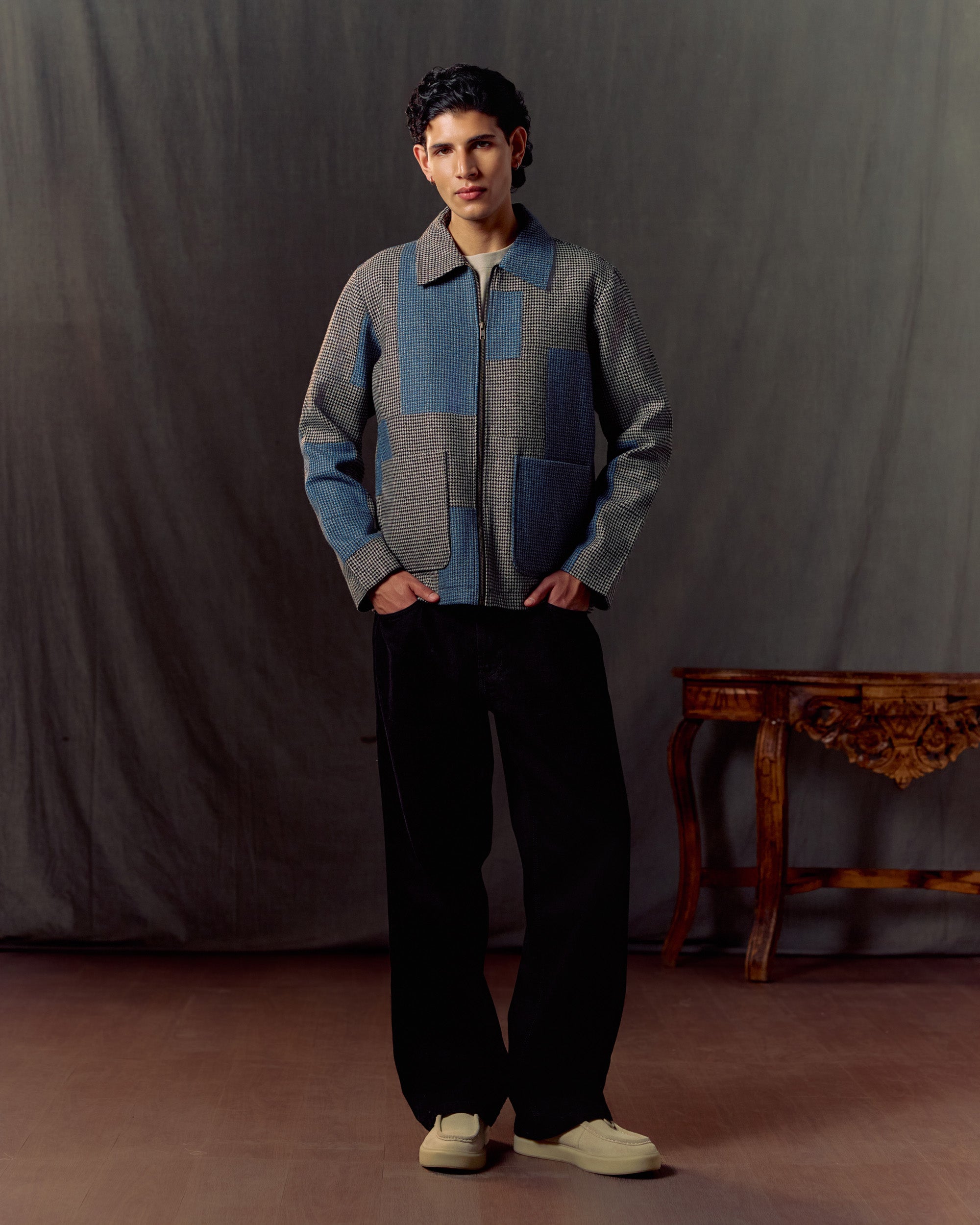 Patchwork wool zip up jacket