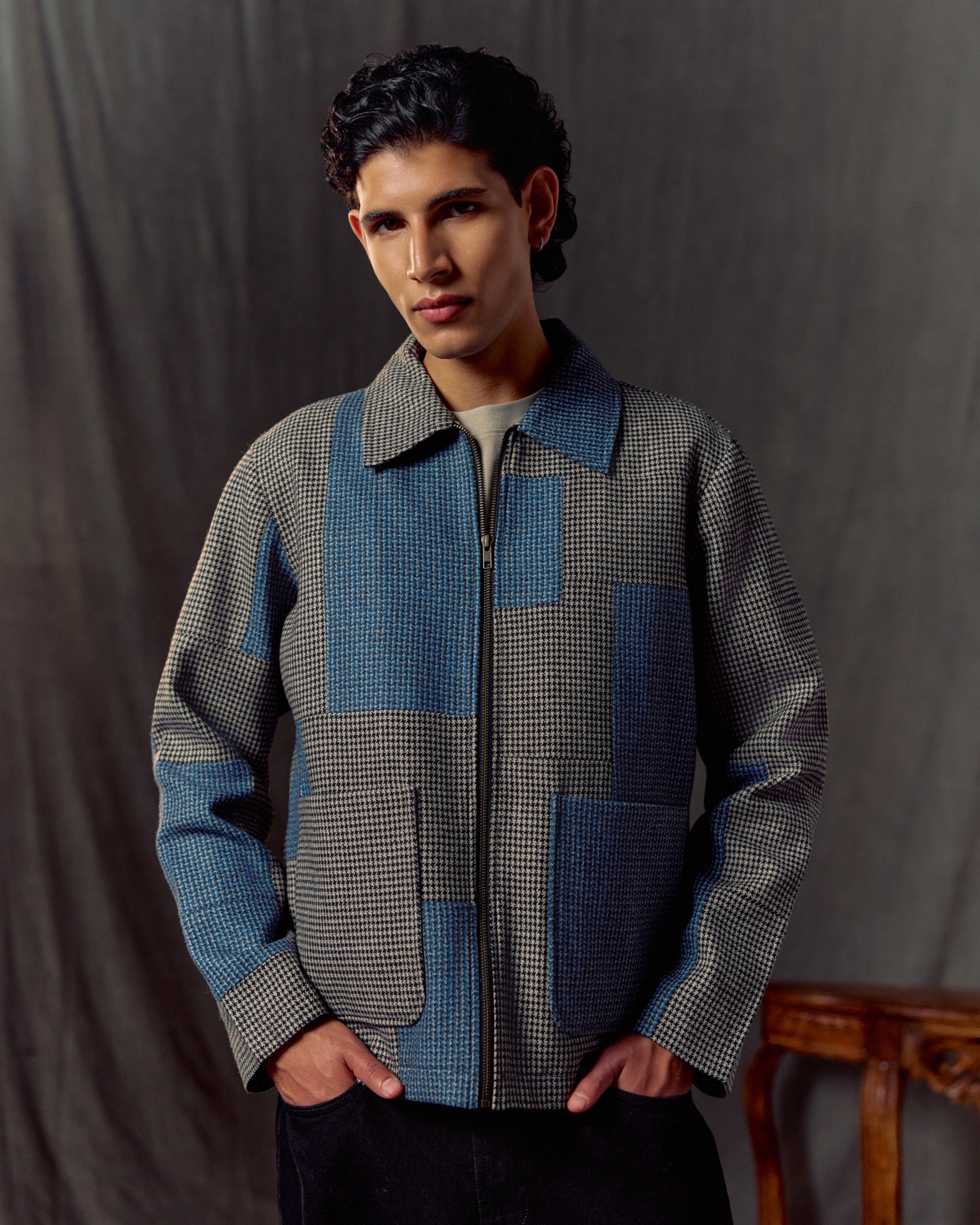 Patchwork wool zip up jacket