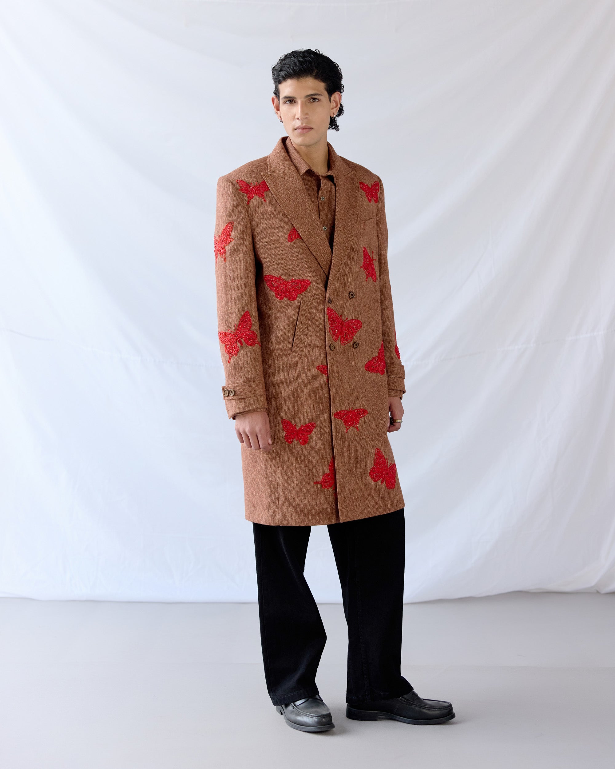 Butterfly Embroidered Wool Overcoat