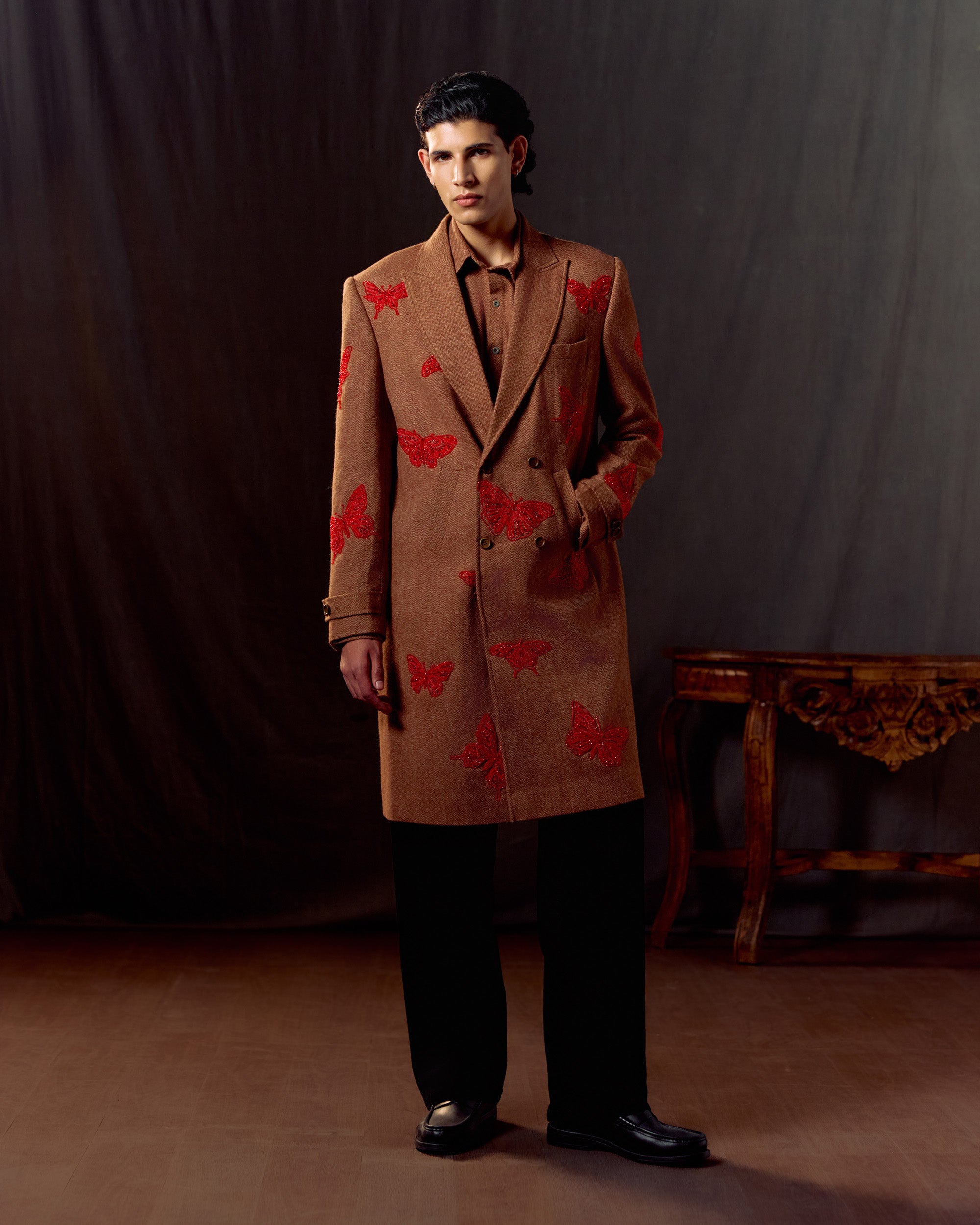 Butterfly Embroidered Wool Overcoat