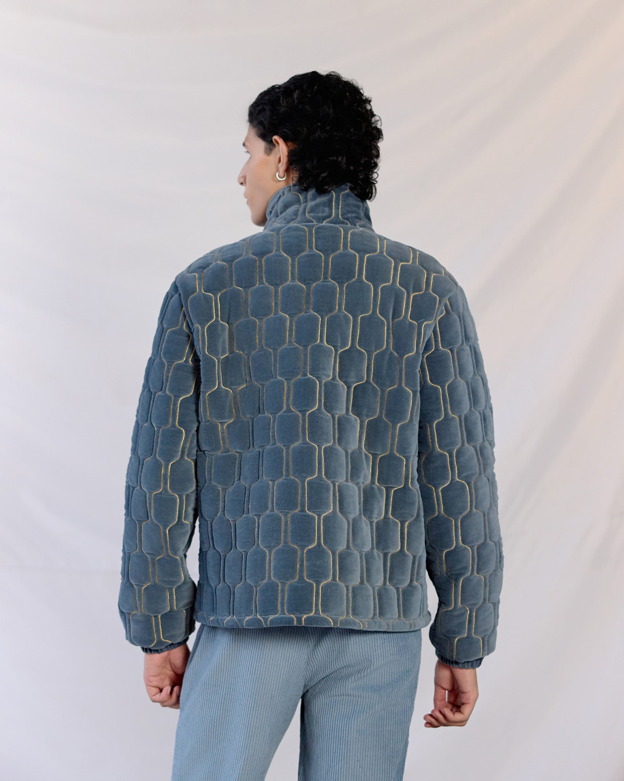 Geo-Quilted Velvet Jacket – Ice blue