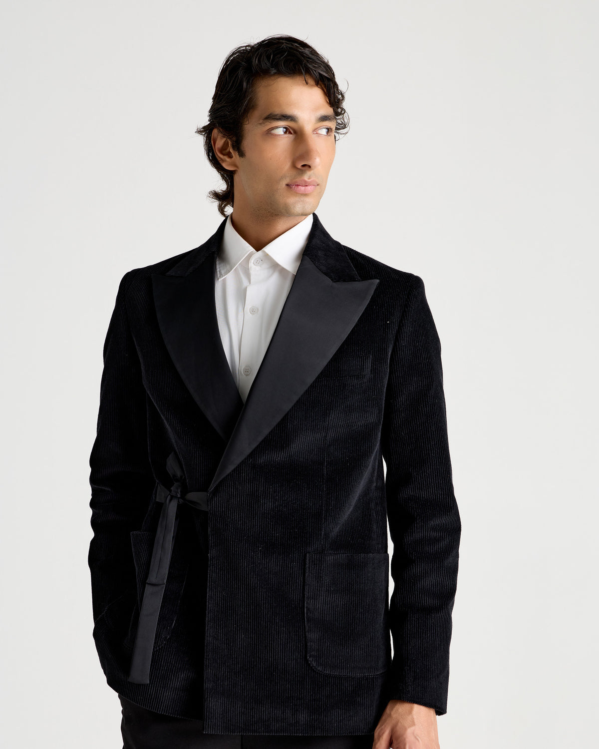 Black Corduroy Double-Breasted Knot-Closure Blazer