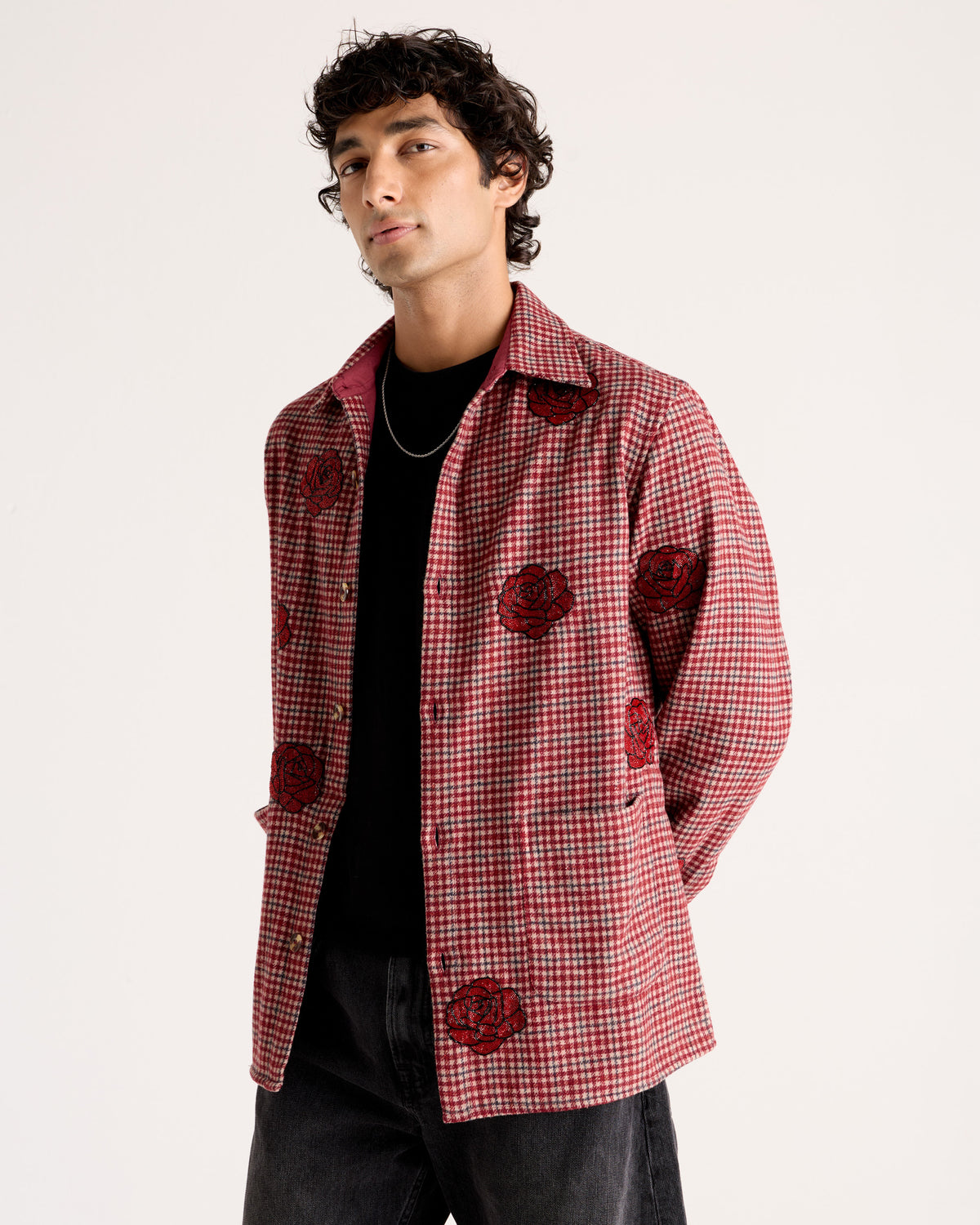 "Le Rosa" Hand-Embroidered Wool Overshirt