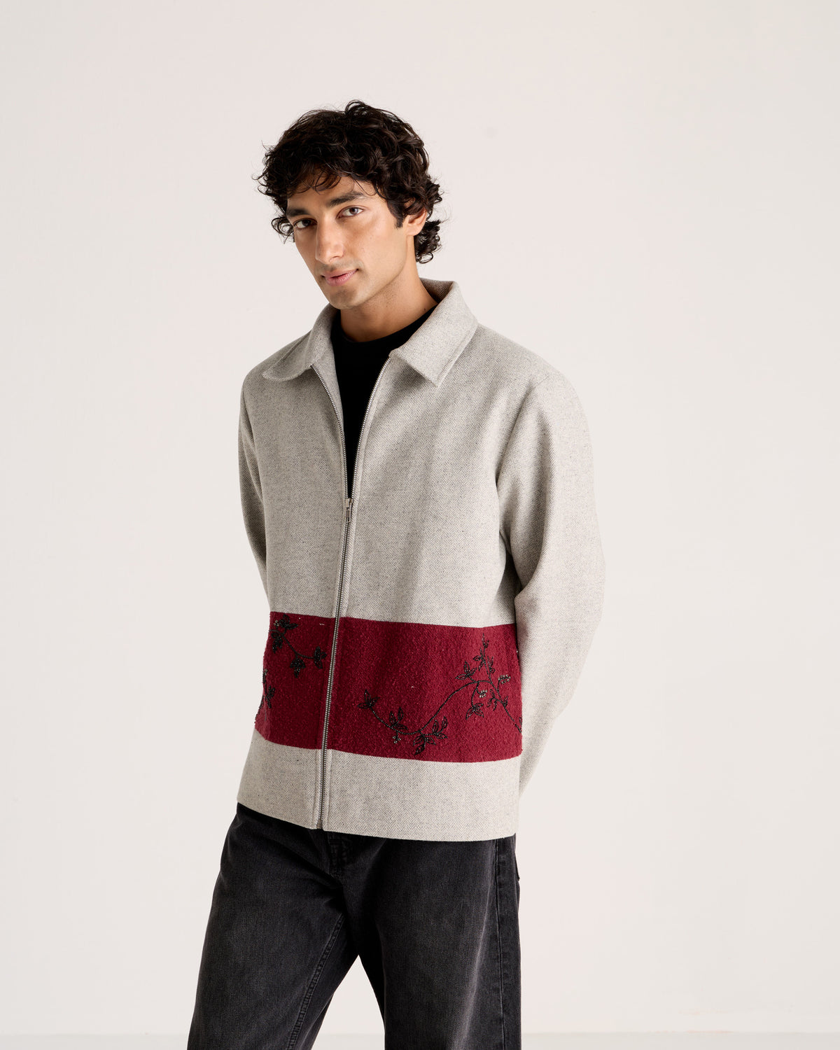 "Le Ravello" Hand-Embroidered Wool Zip Jacket