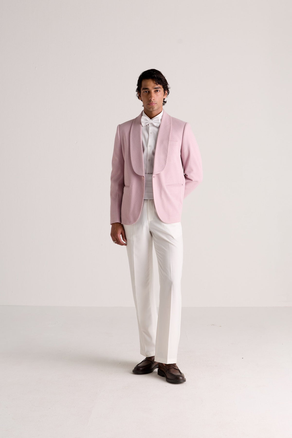 Blush Pink Textured Shawl Collar Blazer