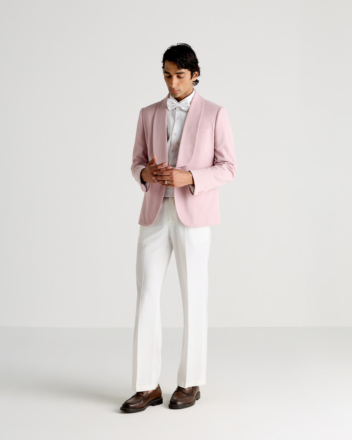 Blush Pink Textured Shawl Collar Blazer
