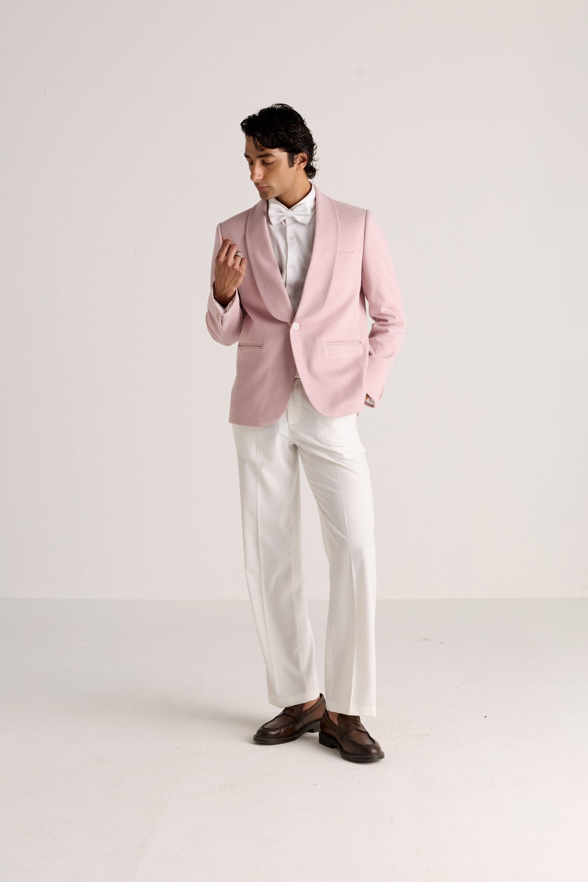 Blush Pink Textured Shawl Collar Blazer