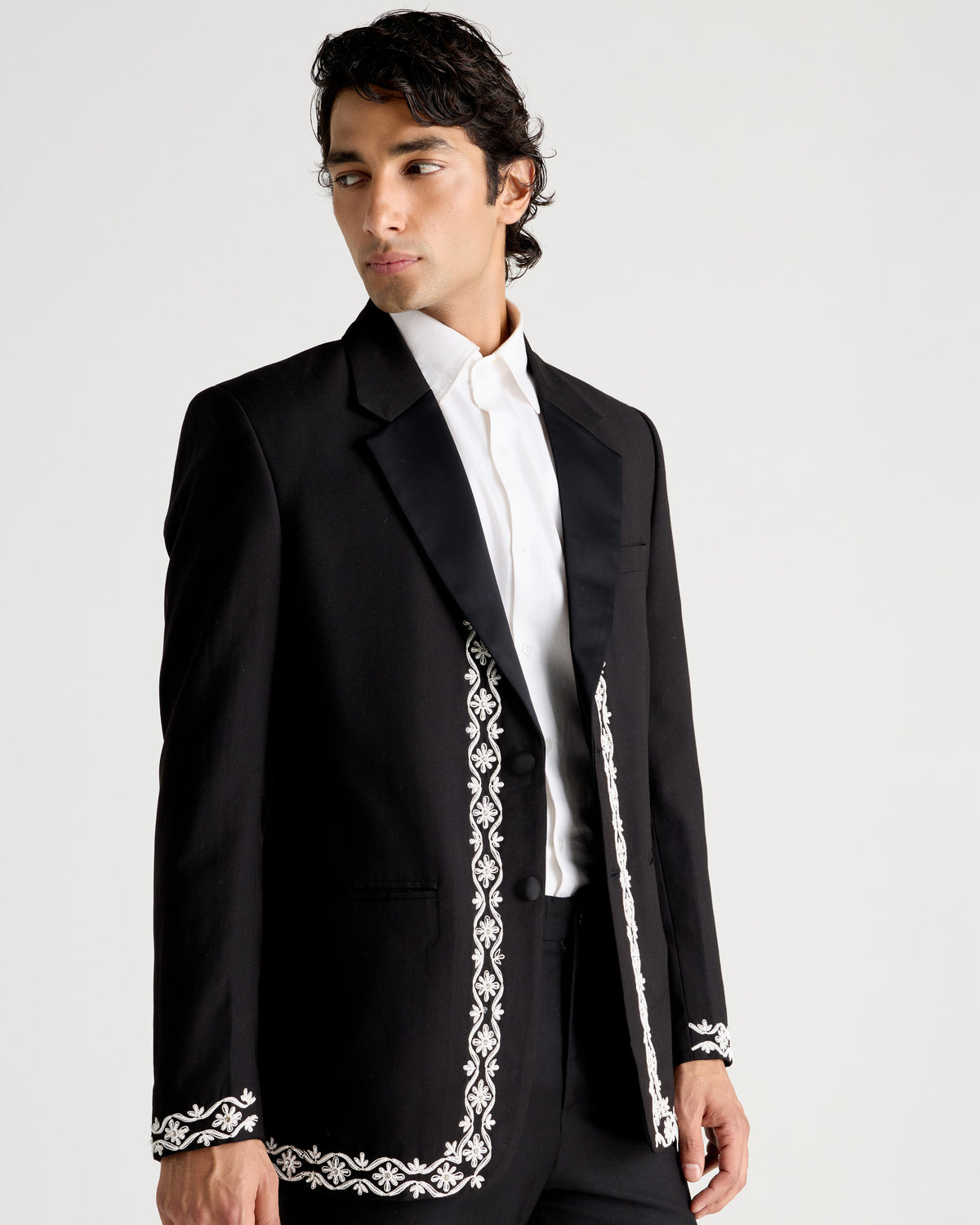 Black Floral Border-Embroidered Peak-Lapel Blazer