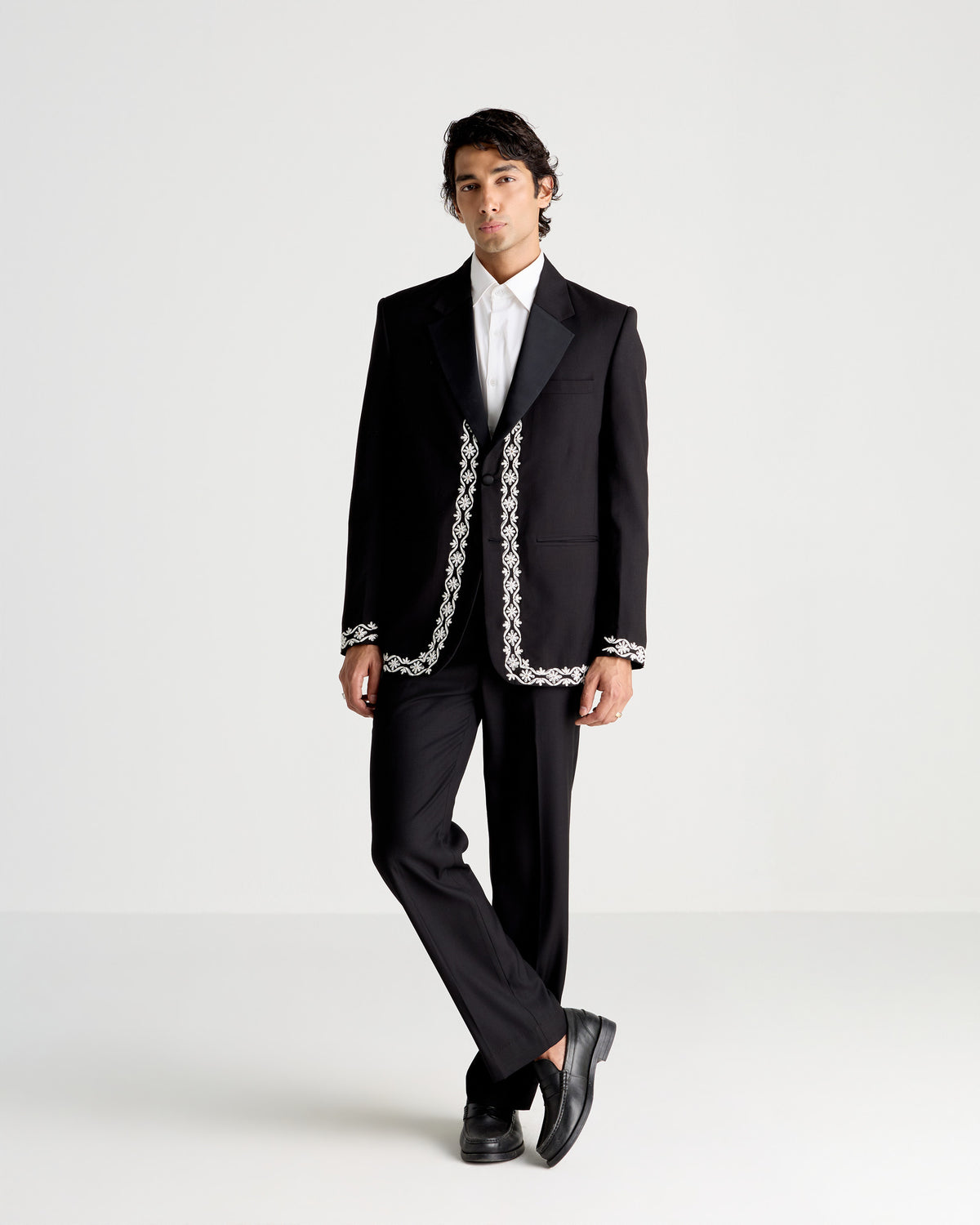 Black Floral Border-Embroidered Peak-Lapel Blazer