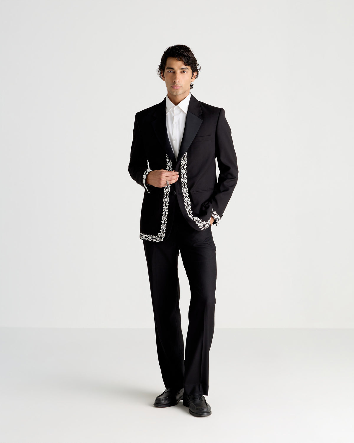 Black Floral Border-Embroidered Peak-Lapel Blazer