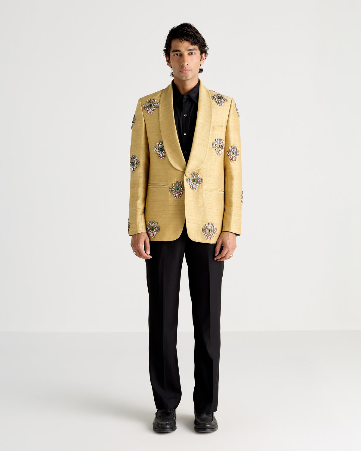 Antique Gold Hand-Embroidered Shawl Collar Blazer