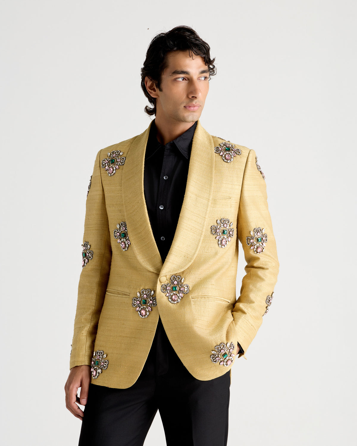 Antique Gold Hand-Embroidered Shawl Collar Blazer