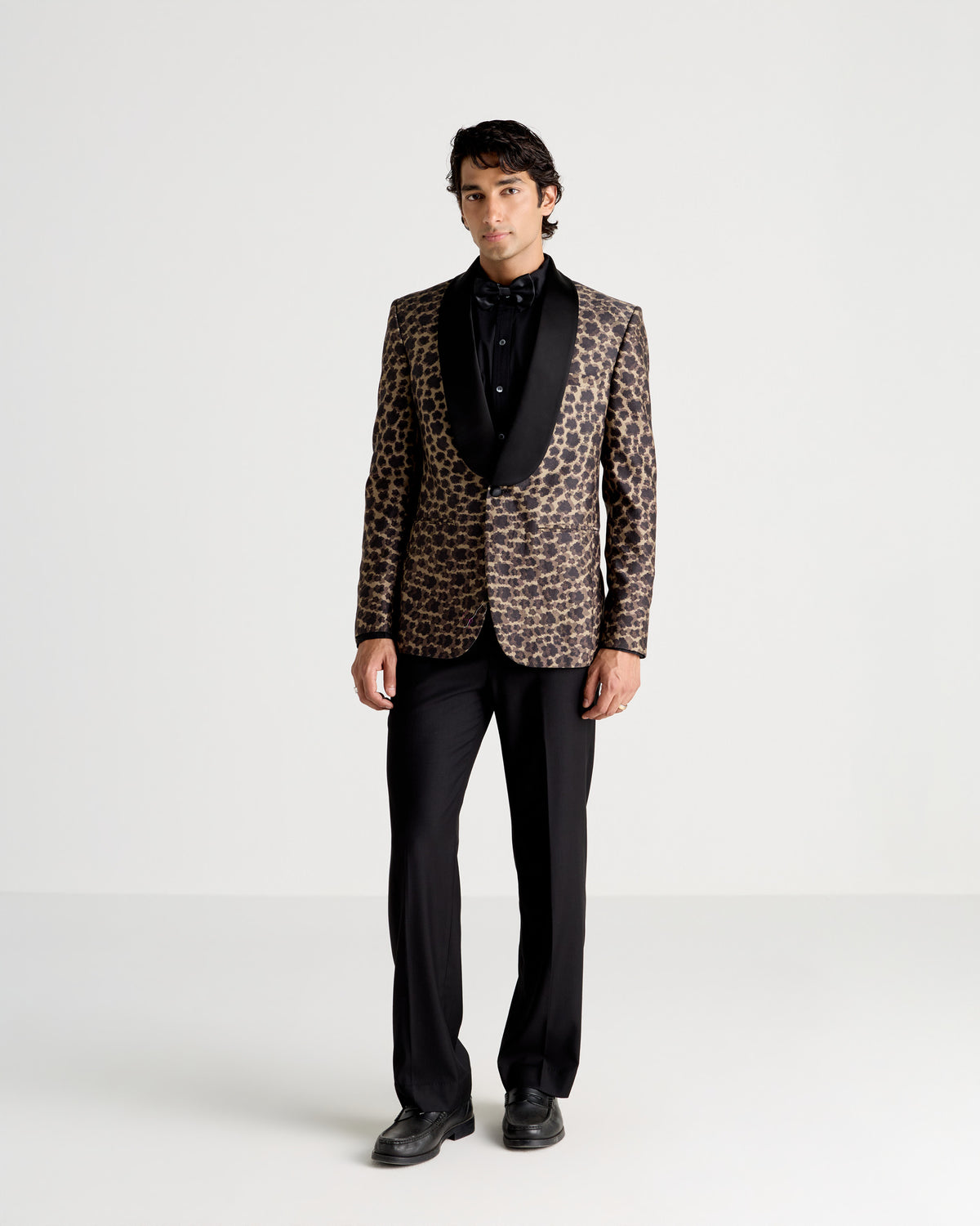 Bronze Floral-Patterned Shawl Collar Tuxedo Silk Blazer