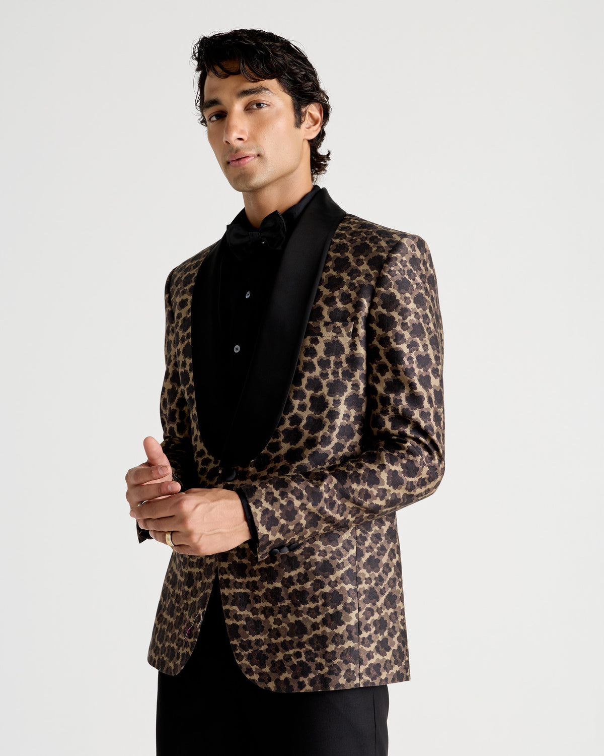 Bronze Floral-Patterned Shawl Collar Tuxedo Silk Blazer