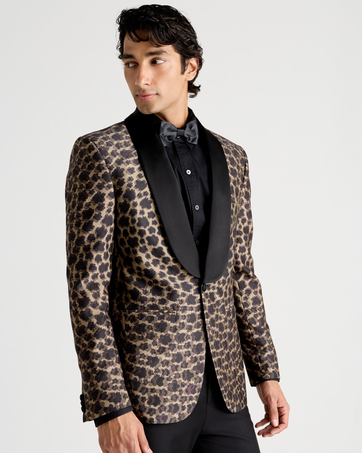 Bronze Floral-Patterned Shawl Collar Tuxedo Silk Blazer