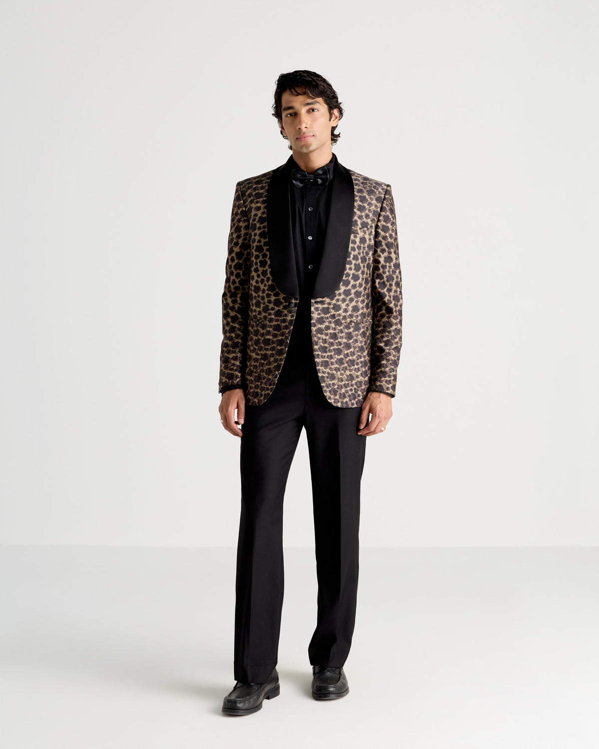 Bronze Floral-Patterned Shawl Collar Tuxedo Silk Blazer