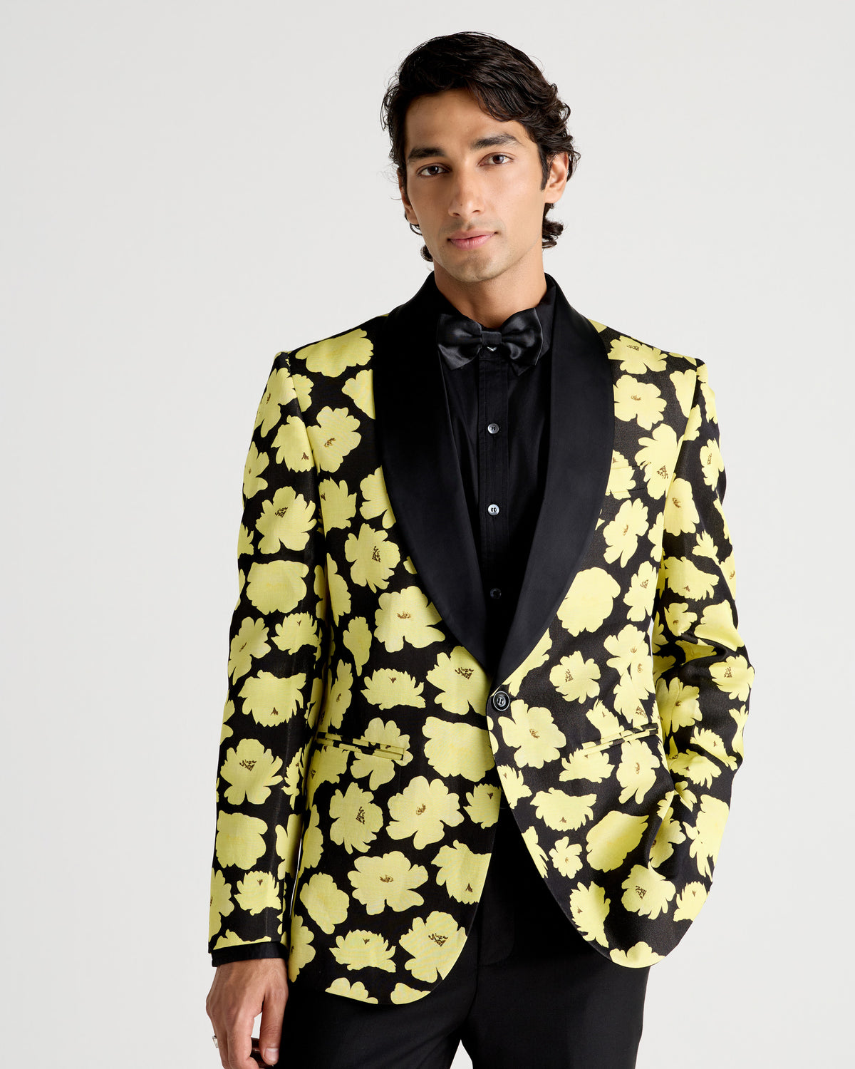Yellow Floral-Patterned Shawl Collar Tuxedo Blazer