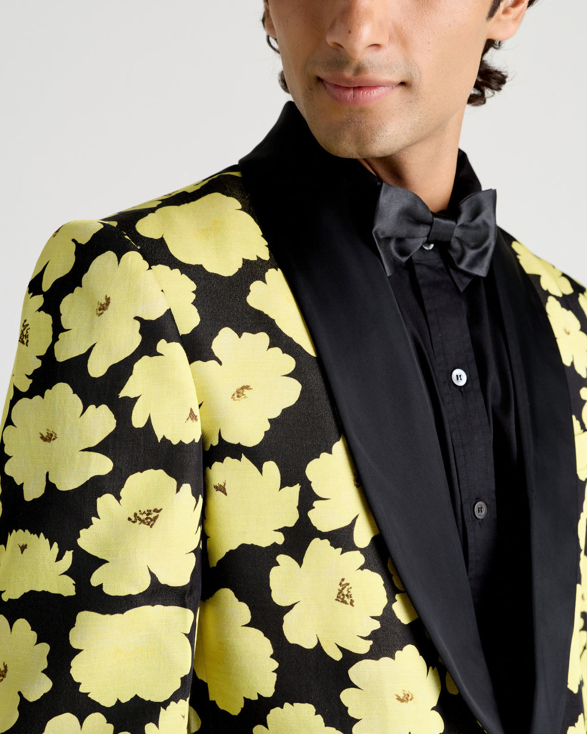 Yellow Floral-Patterned Shawl Collar Tuxedo Blazer