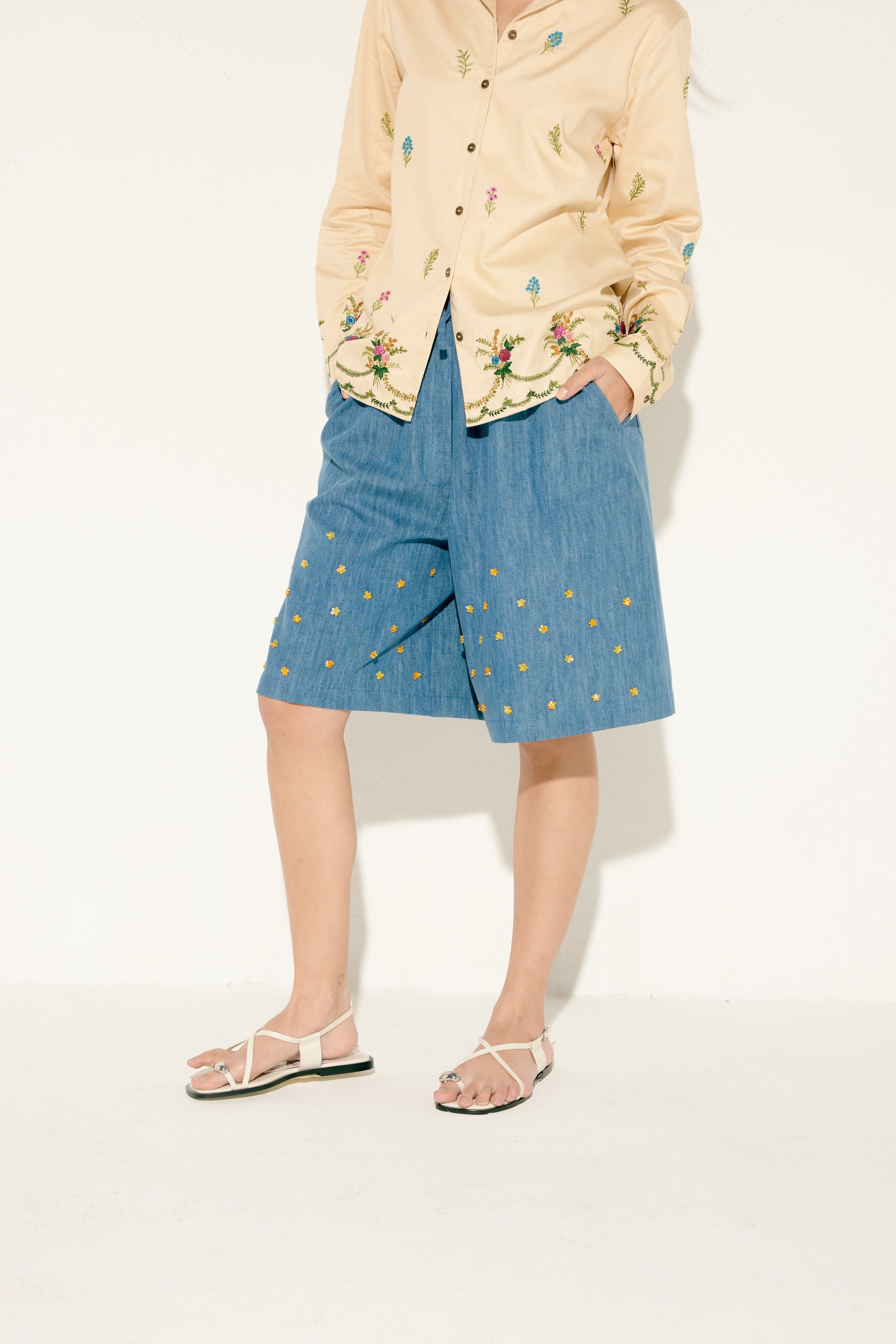 Hand embroidered Floral Denim Culottes