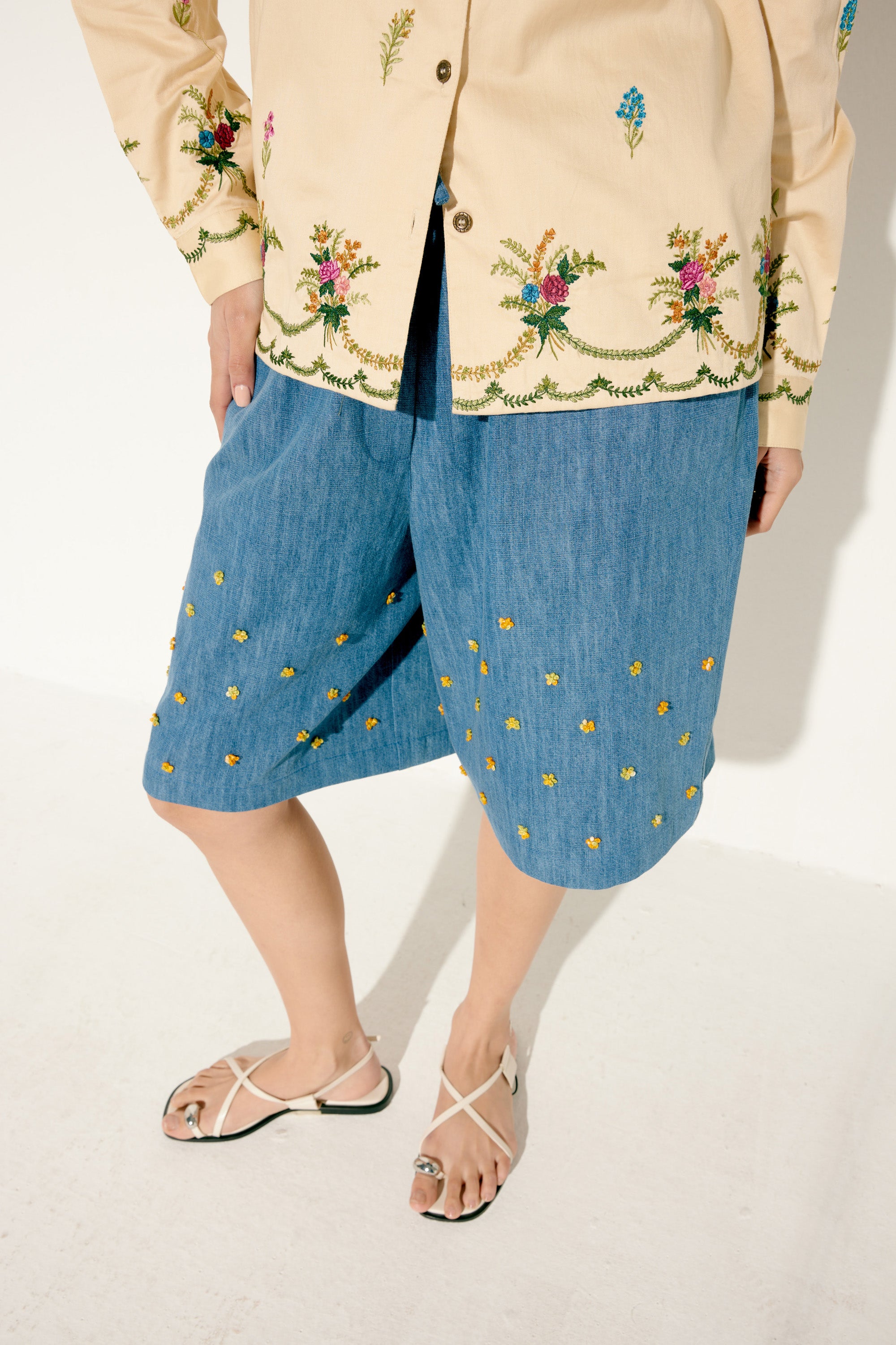 Hand embroidered Floral Denim Culottes