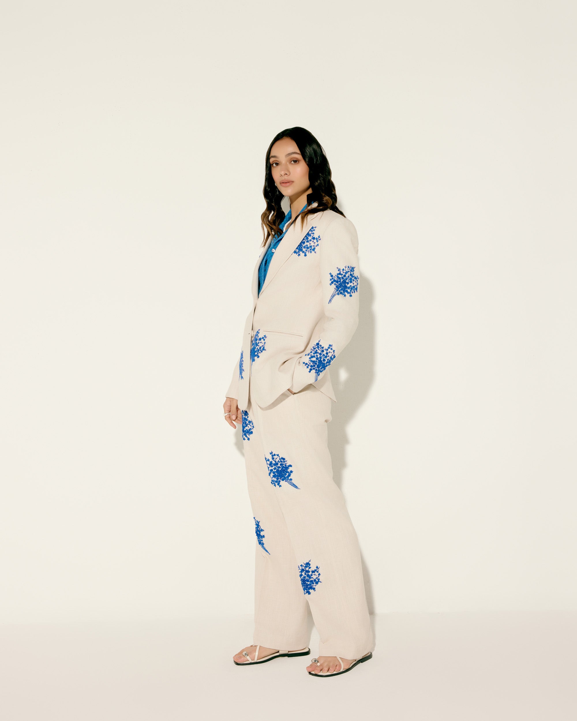 Blue floral embroidereed wide leg pants