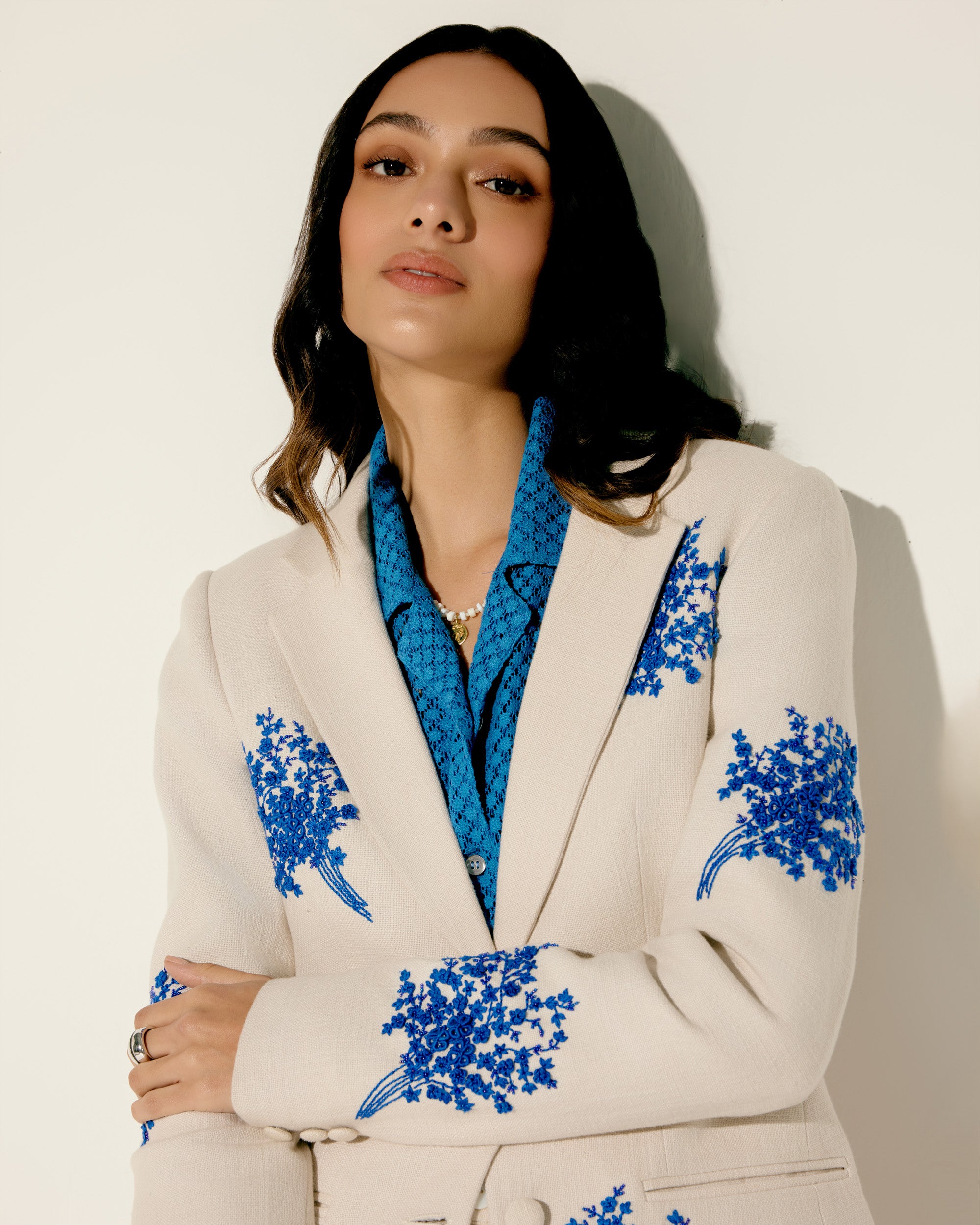 Blue floral bunch hand embroidered blazer