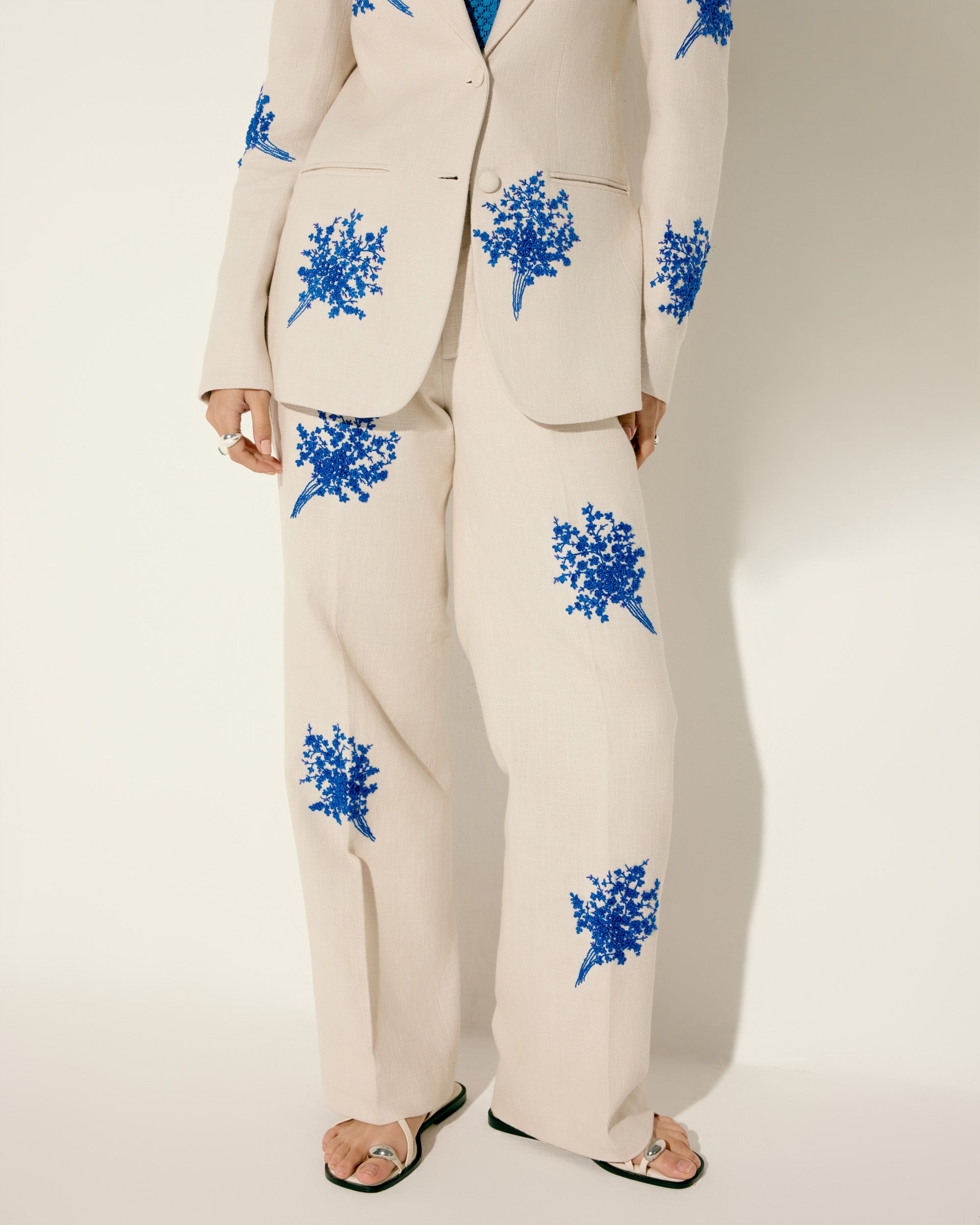 Blue floral embroidered wide leg pants