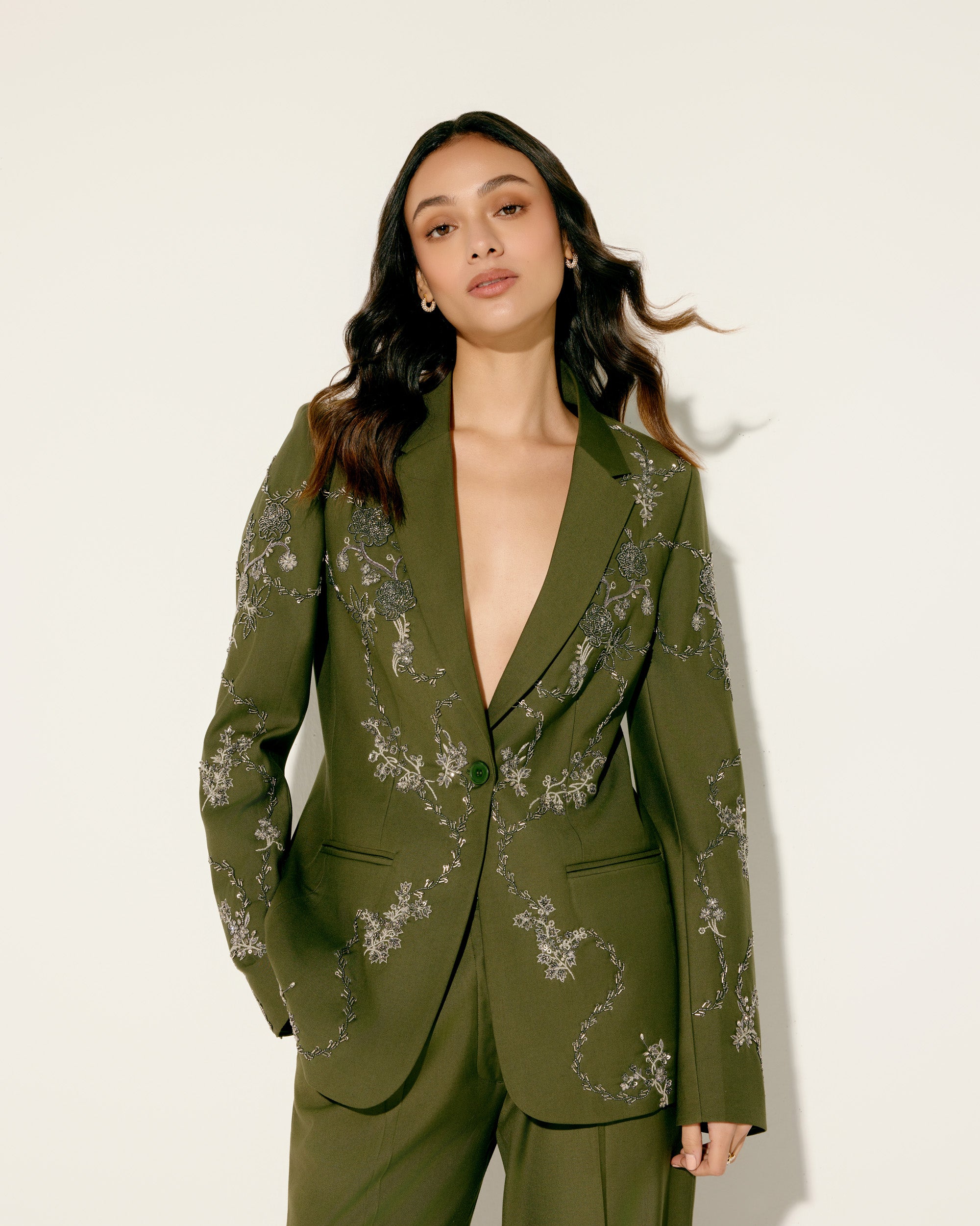 Hand embroidered olive green blazer