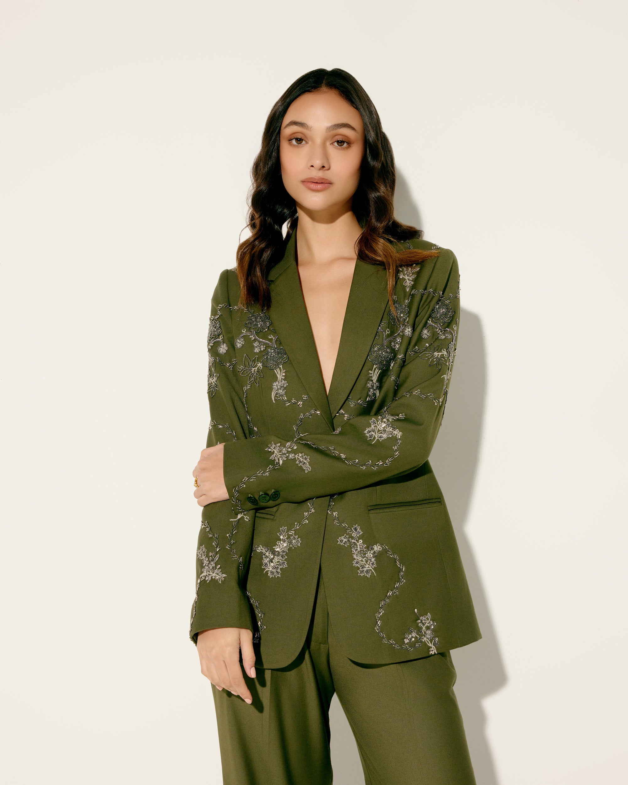 Hand embroidered olive green blazer