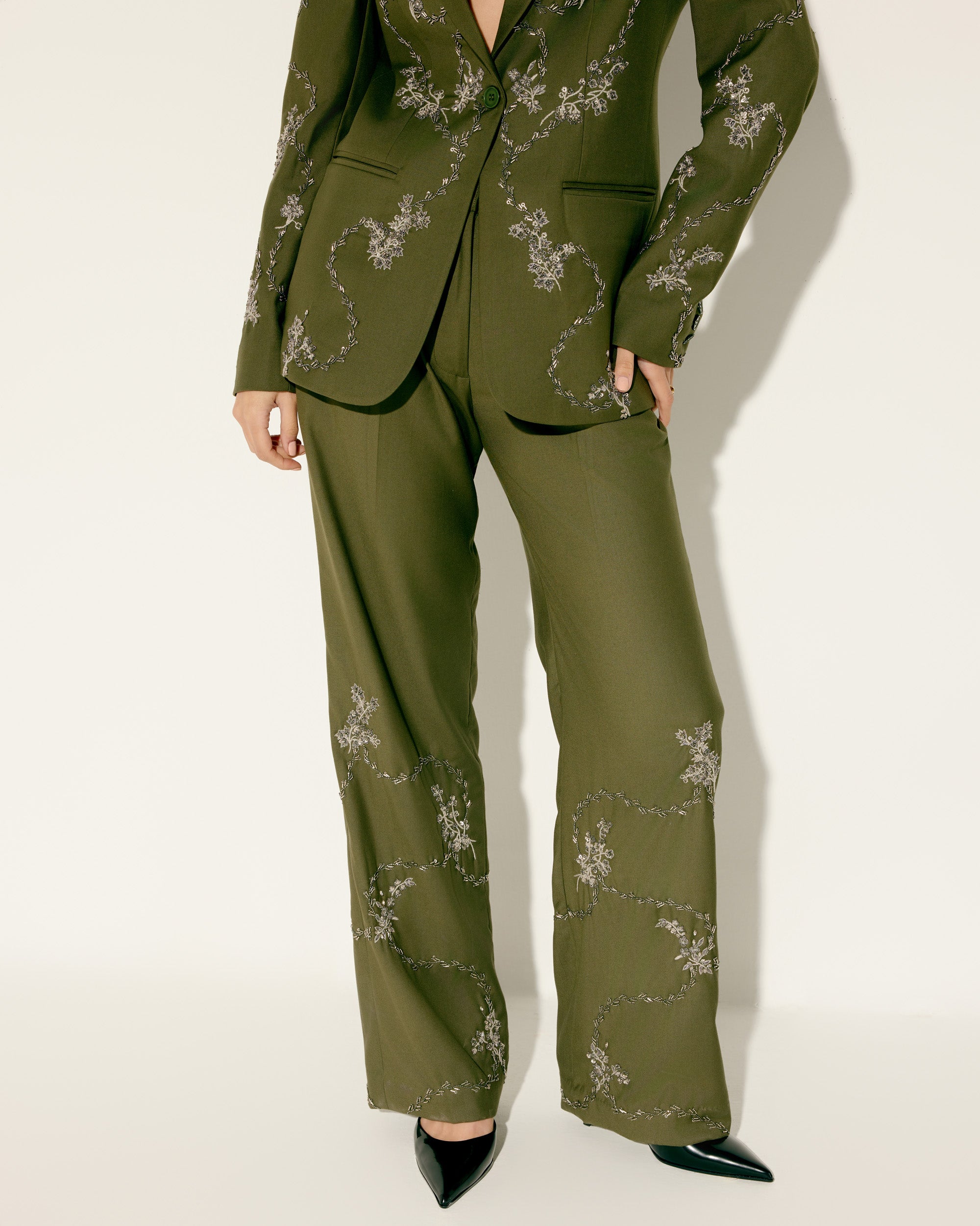 Hand embroidered olive green wide leg pants