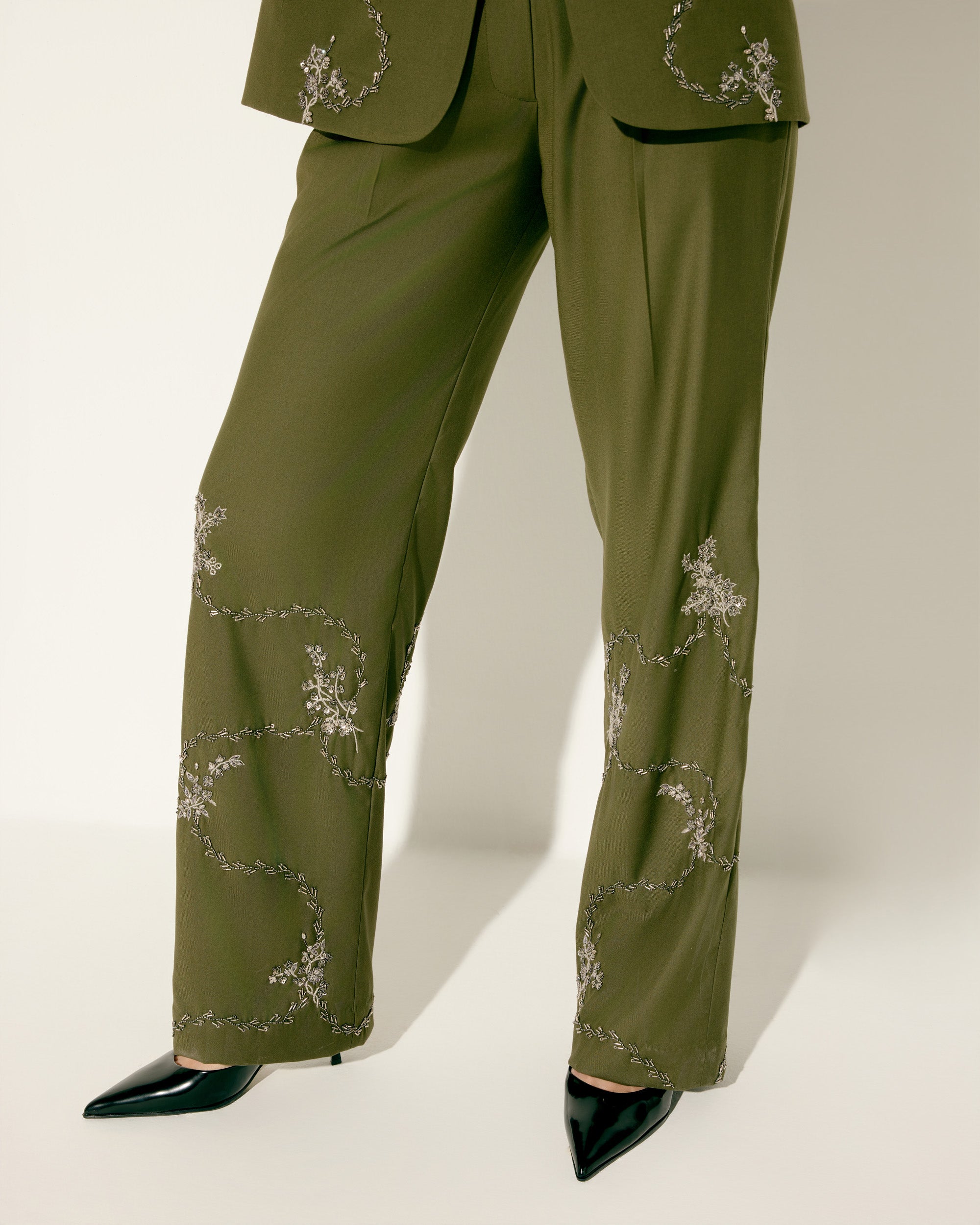 Hand embroidered olive green wide leg pants