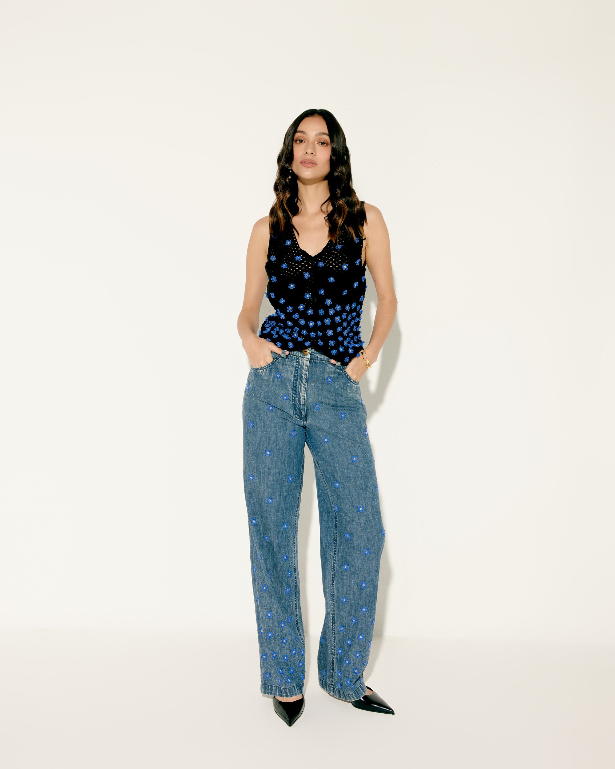 Hand embroidered floral straight fit denim