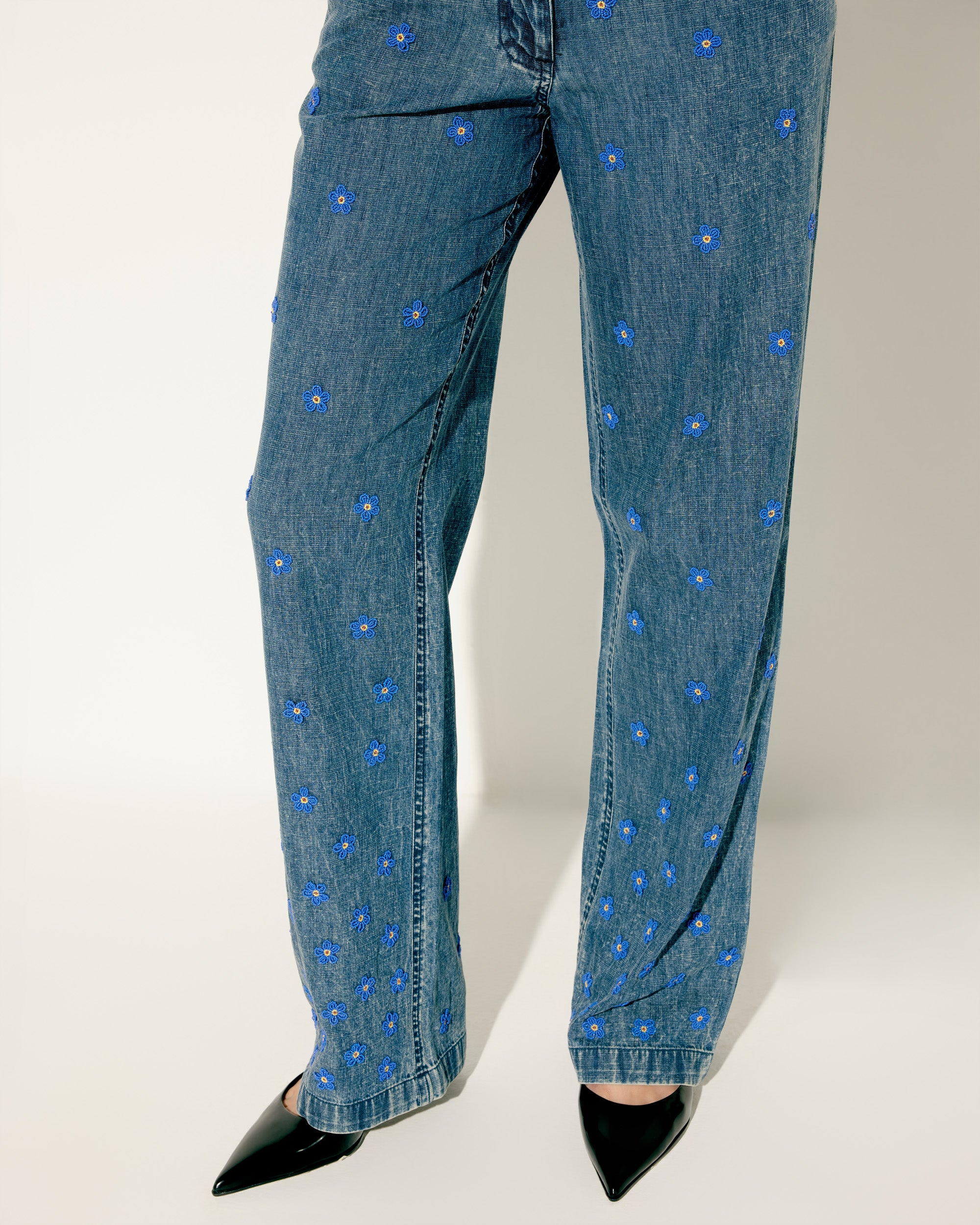 Hand embroidered floral straight fit denim