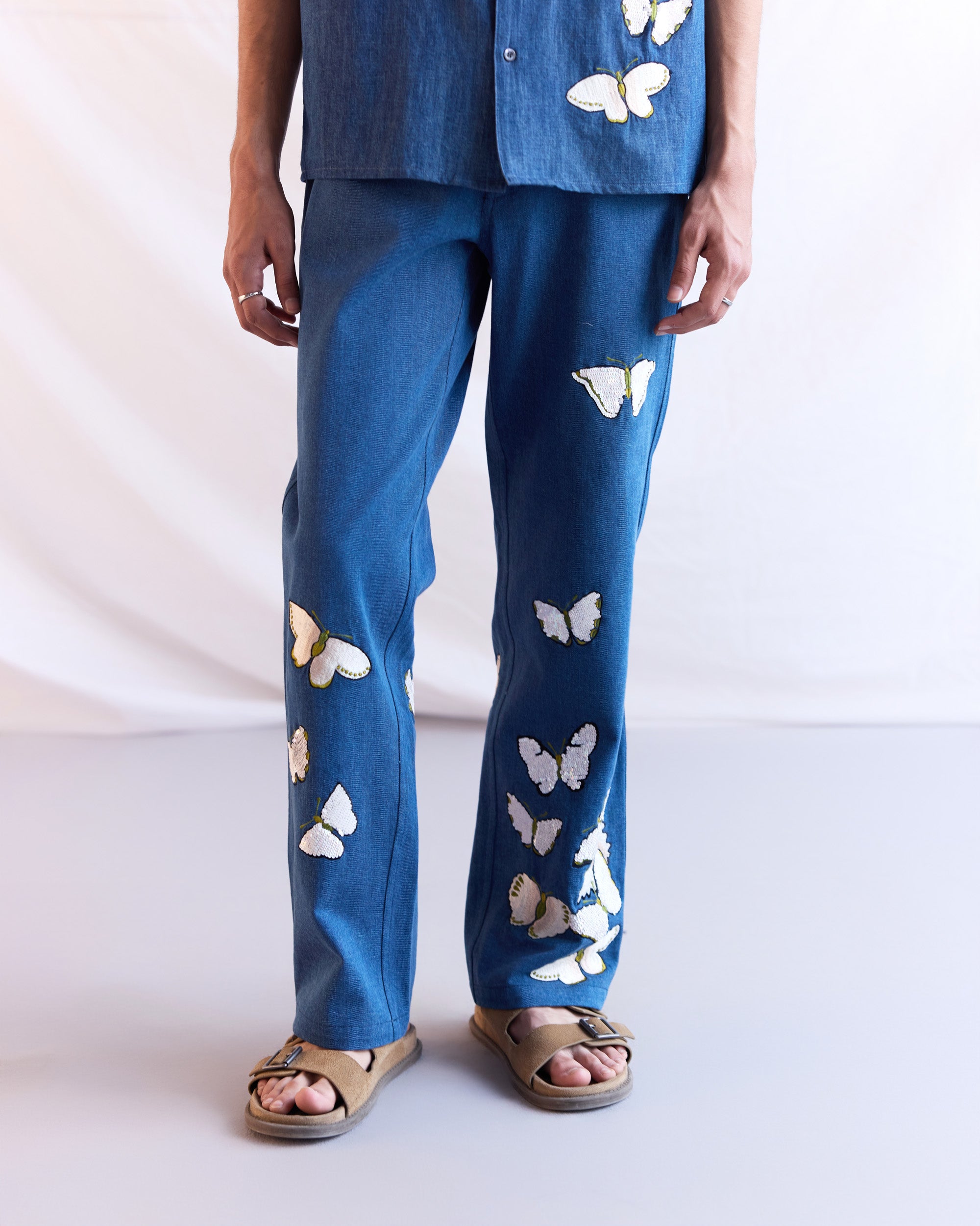 Hand embroidered butterflies straight fit jeans