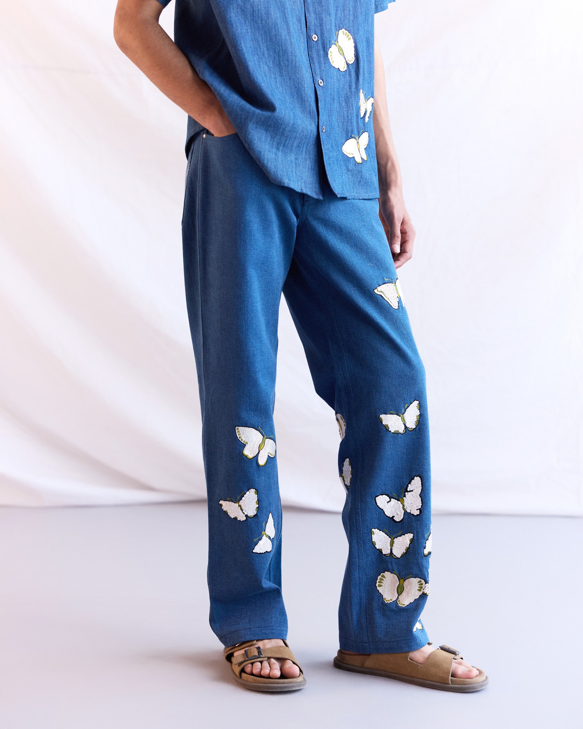 Hand embroidered butterflies straight fit jeans
