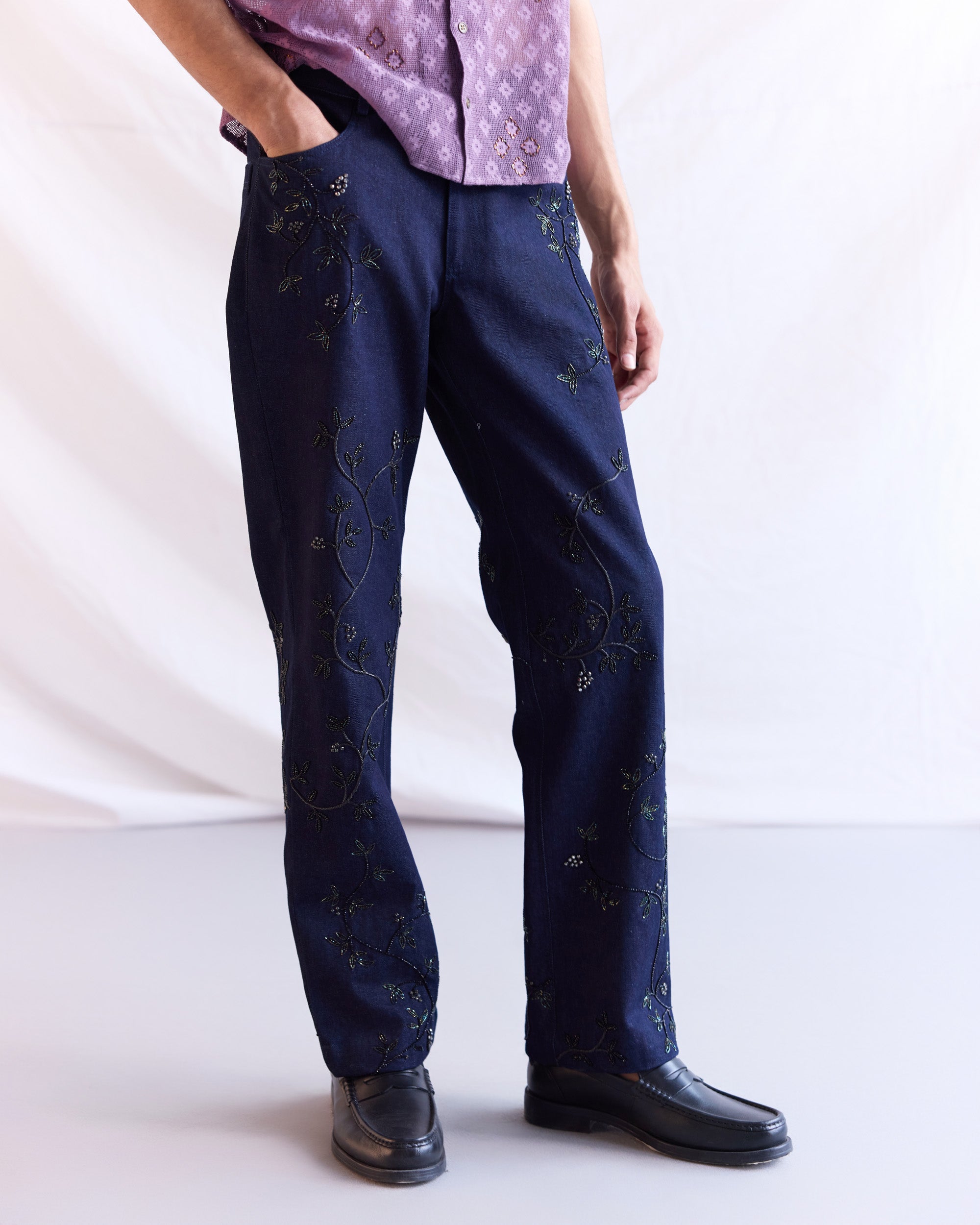 Hand embroidered straight fit jeans
