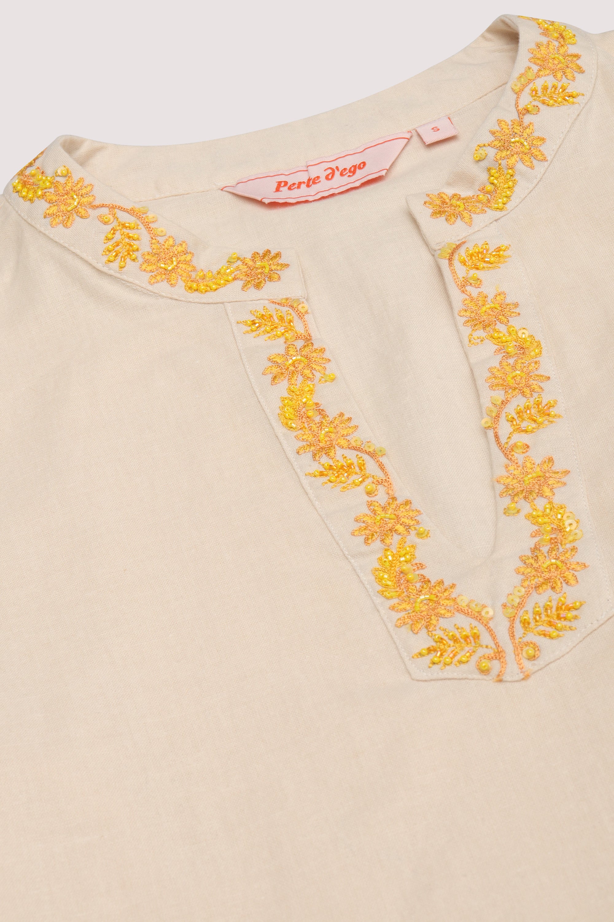 Yellow floral hand embroidered resort shirt