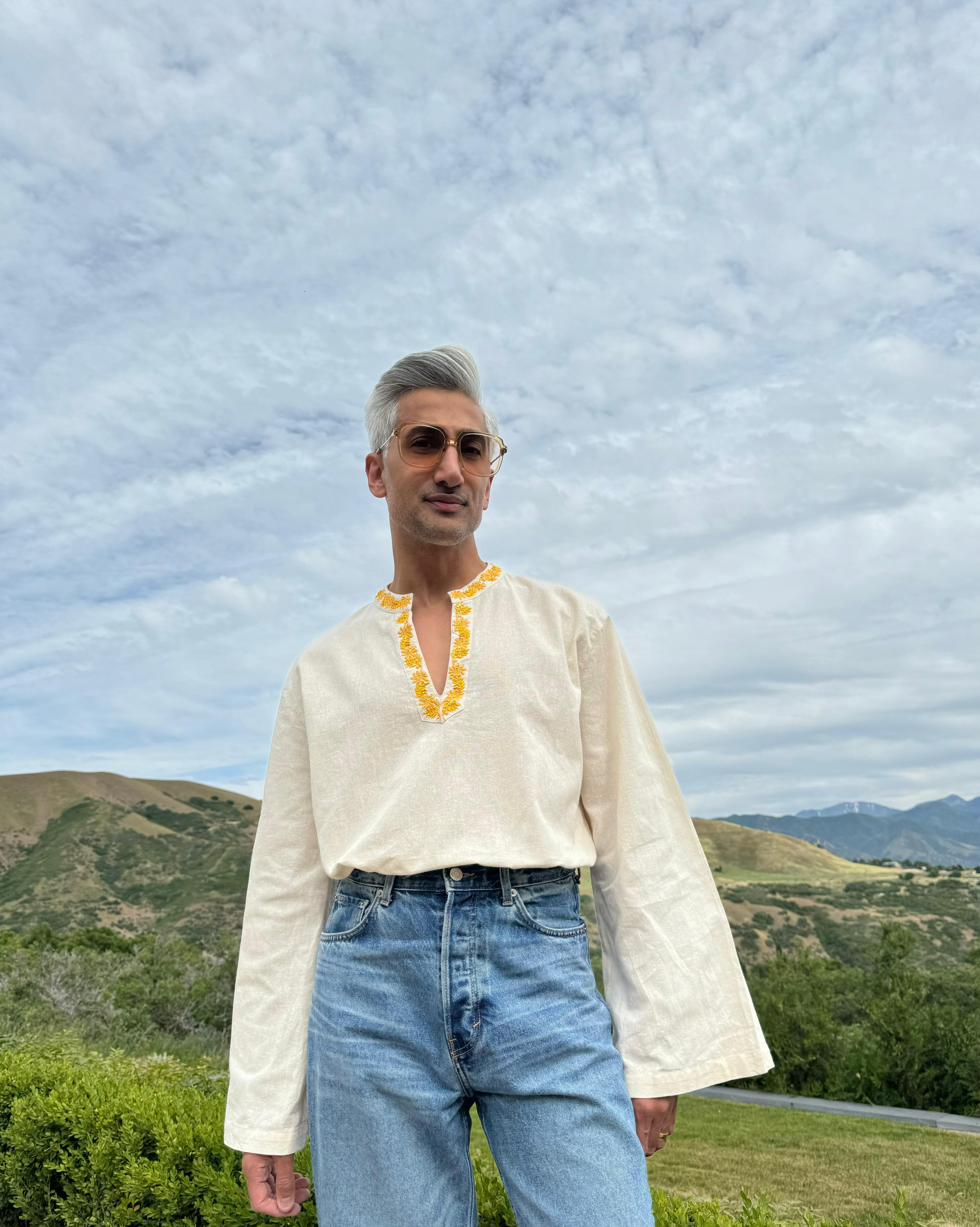 Yellow floral hand embroidered resort shirt