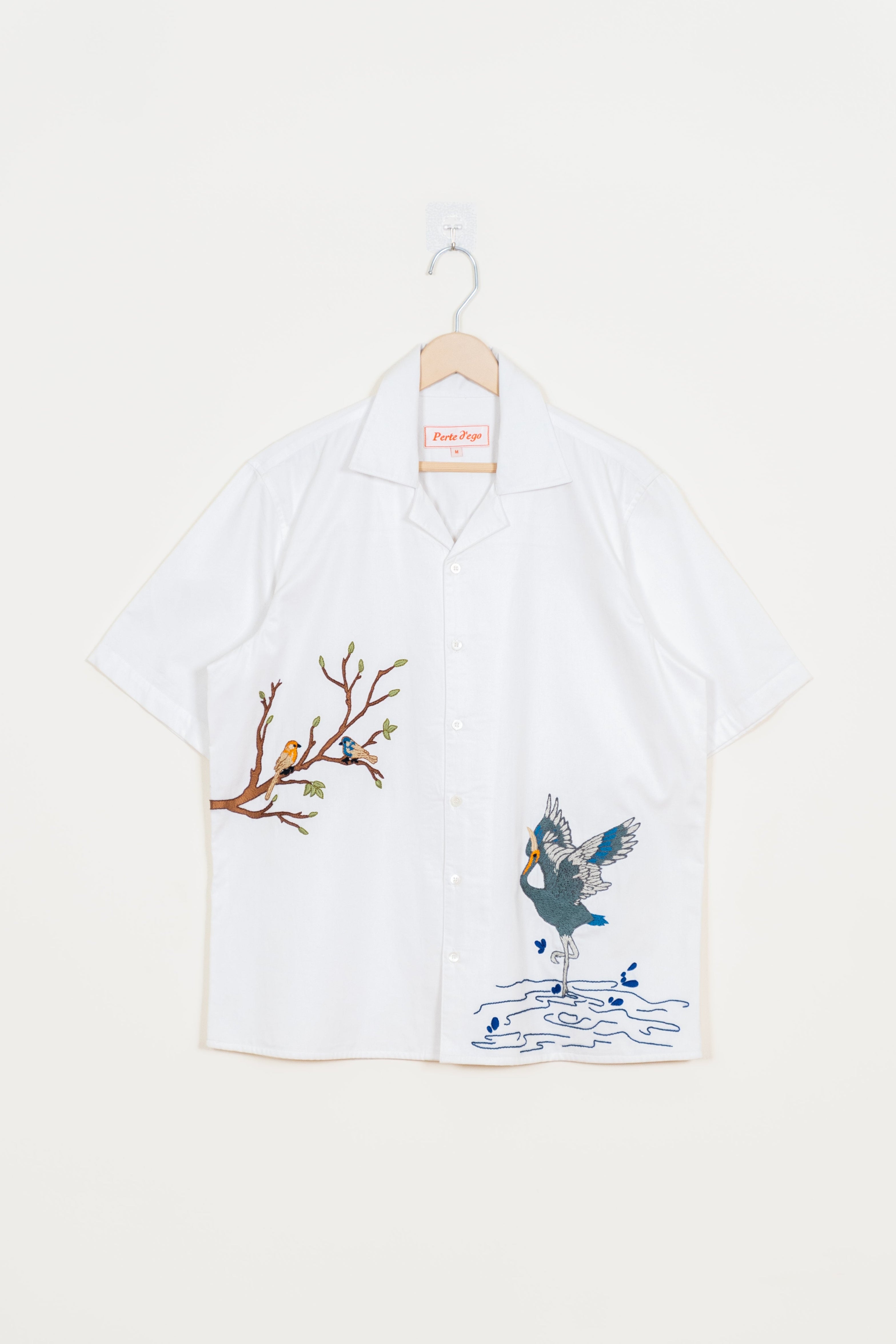 "Heron & Song" hand embroidered shirt