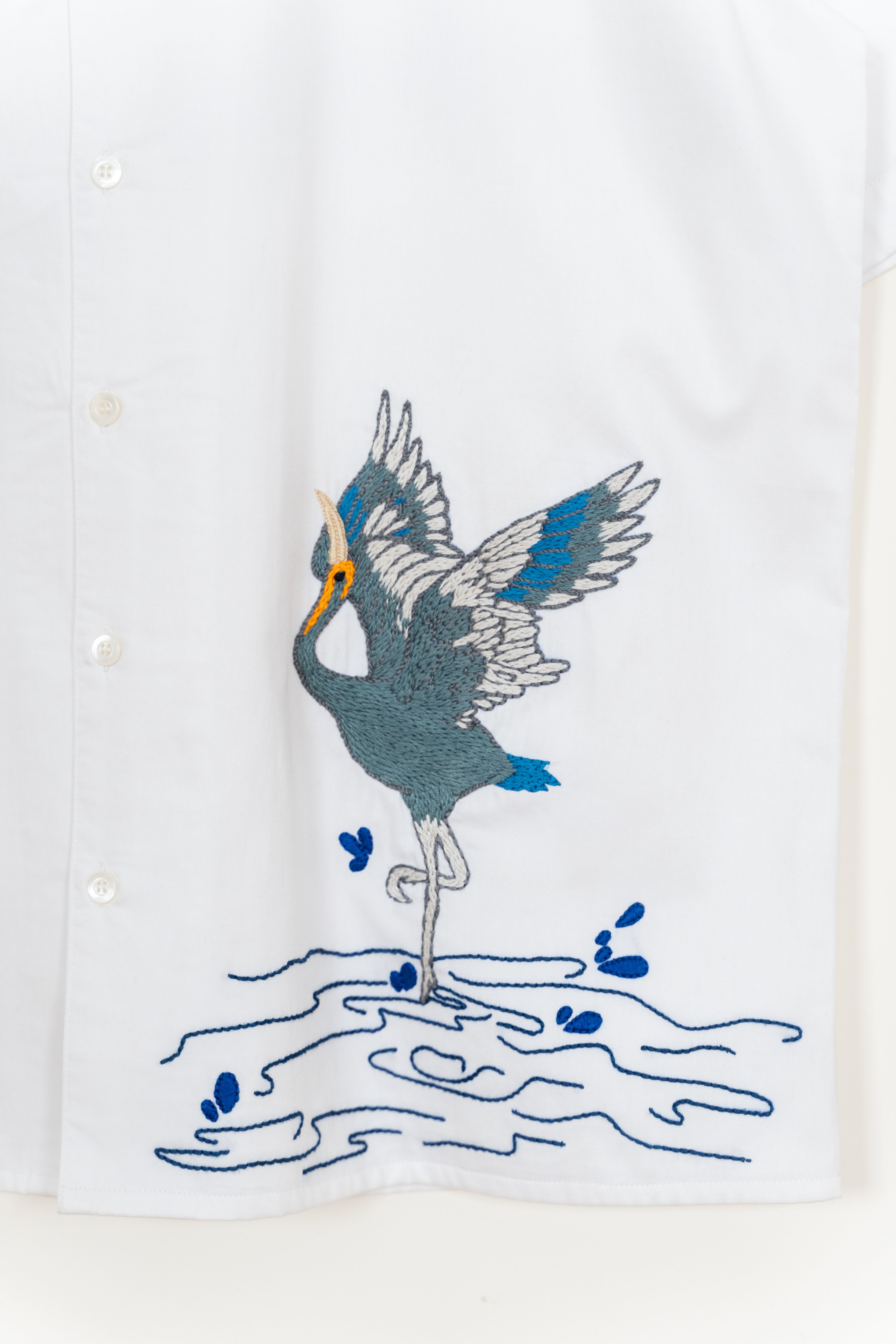 "Heron & Song" hand embroidered shirt