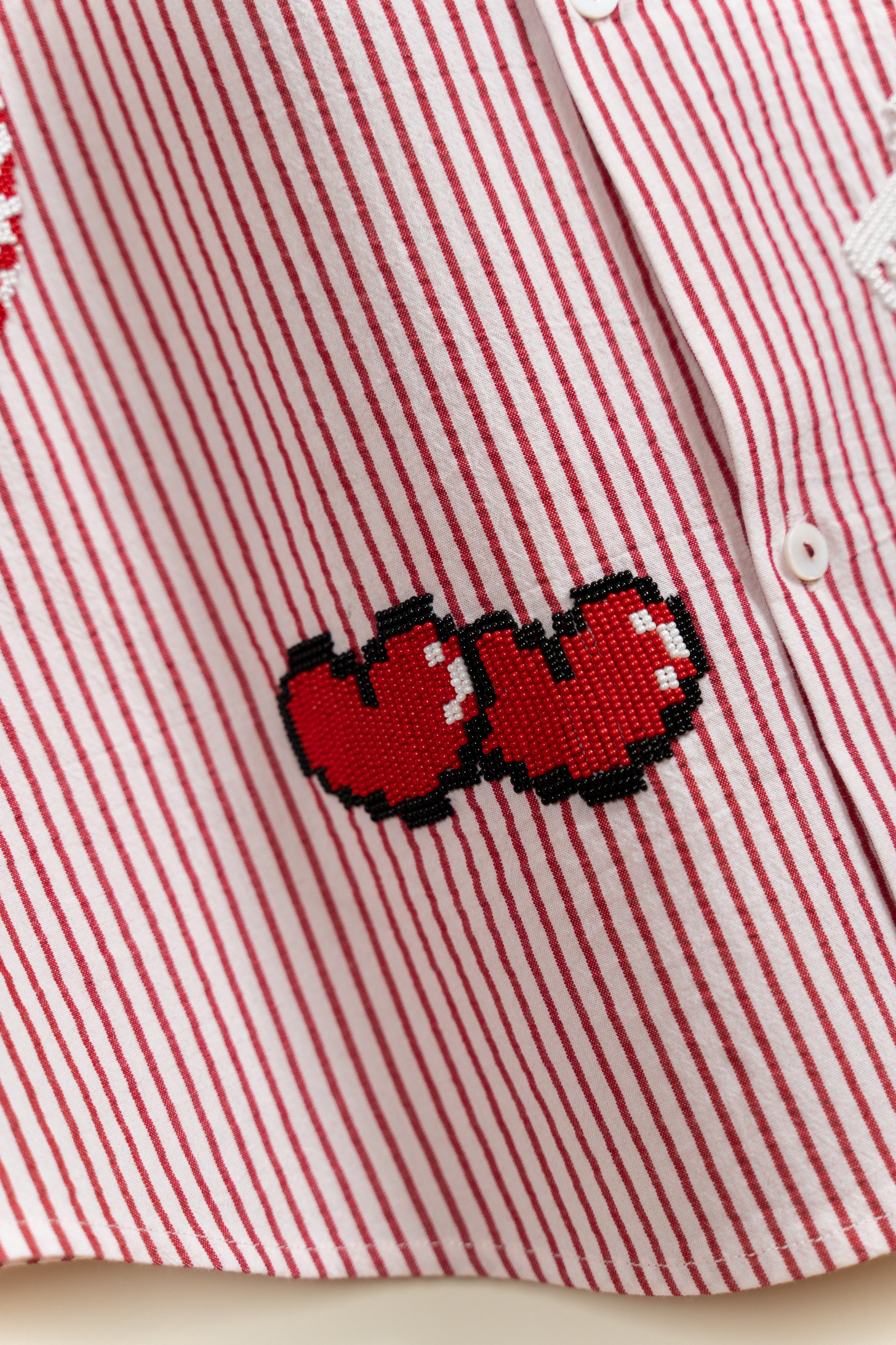 "8-bit love" hand embroidered shirt