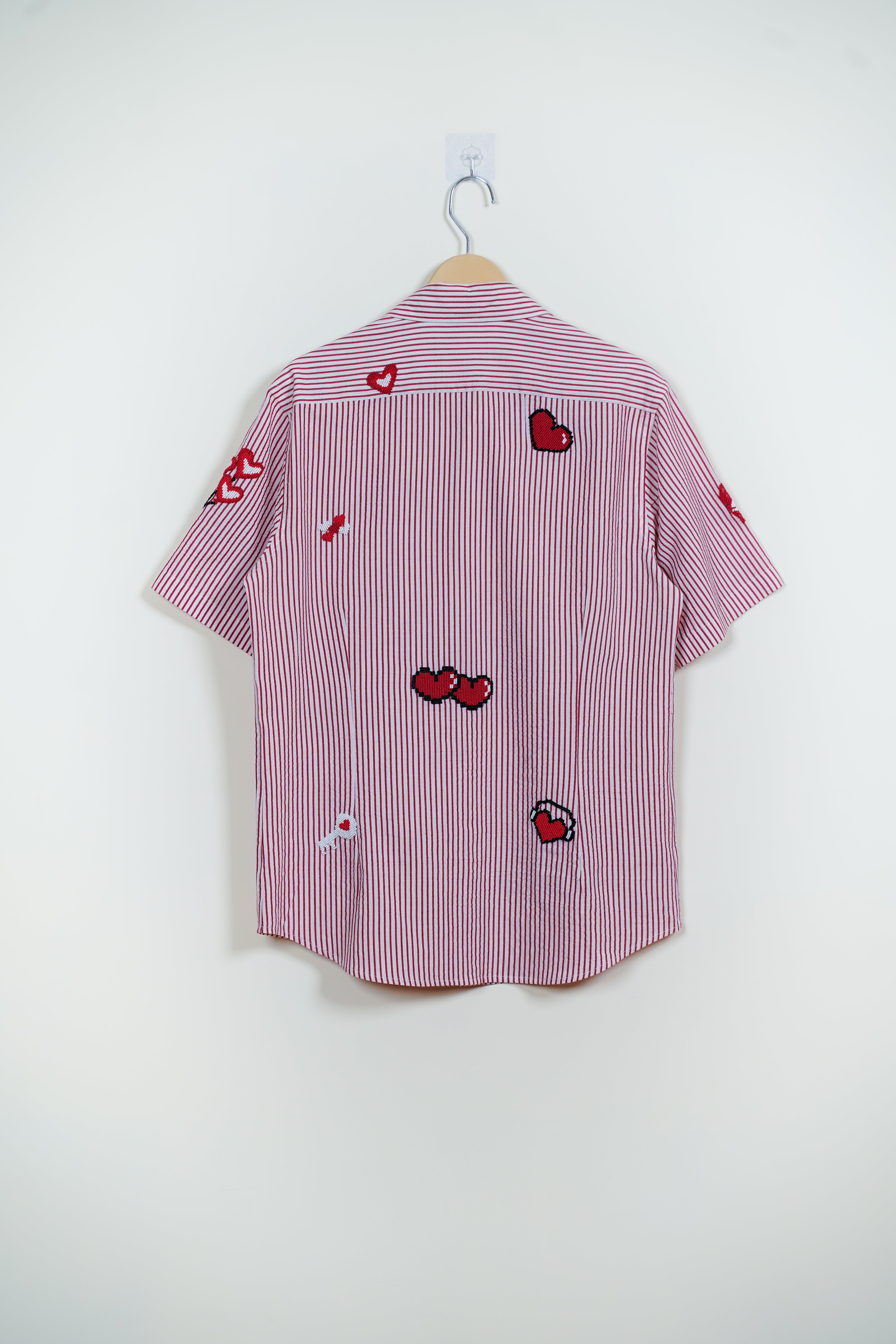 "8-bit love" hand embroidered shirt