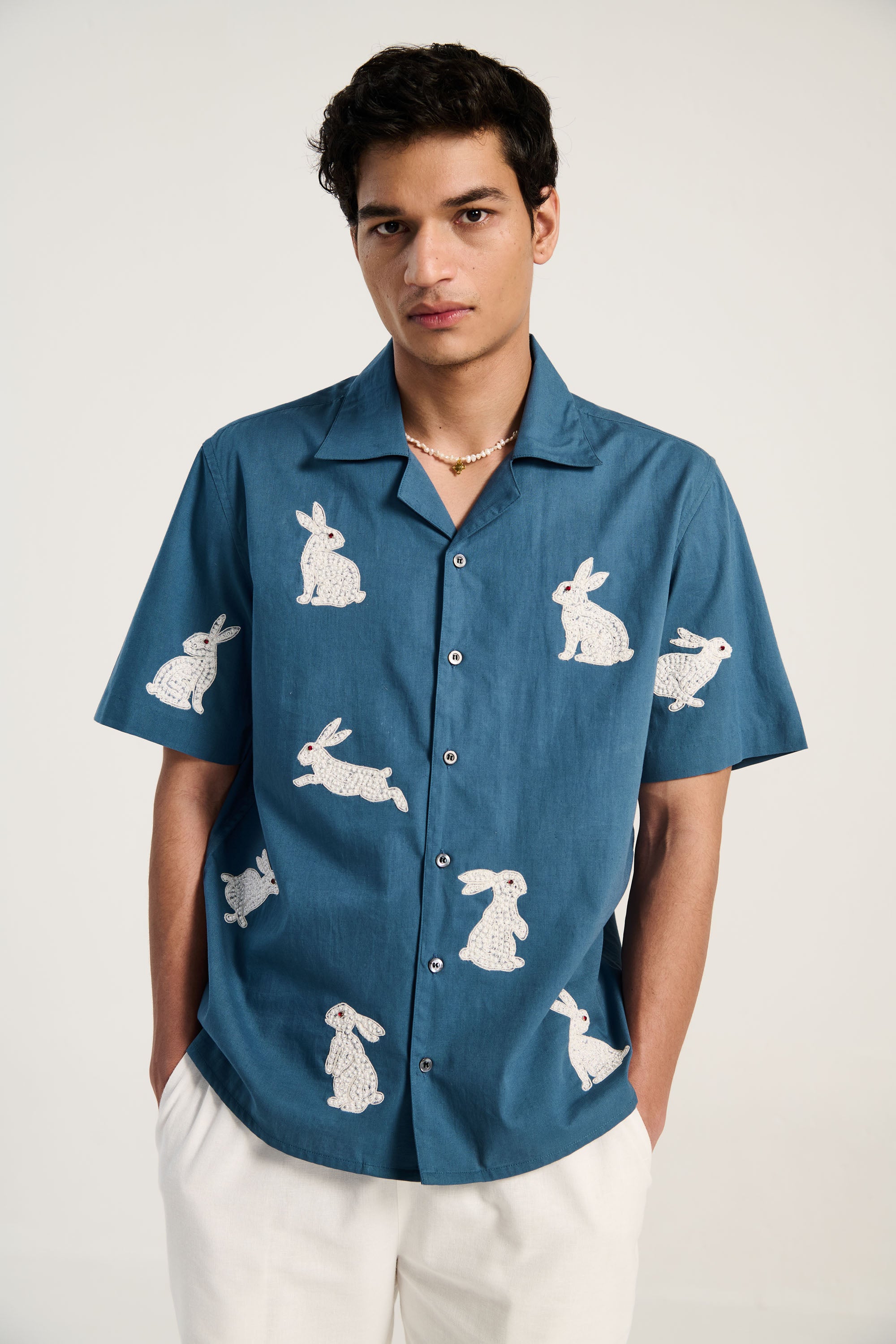 "Beadwork bunny" hand embroidered shirt