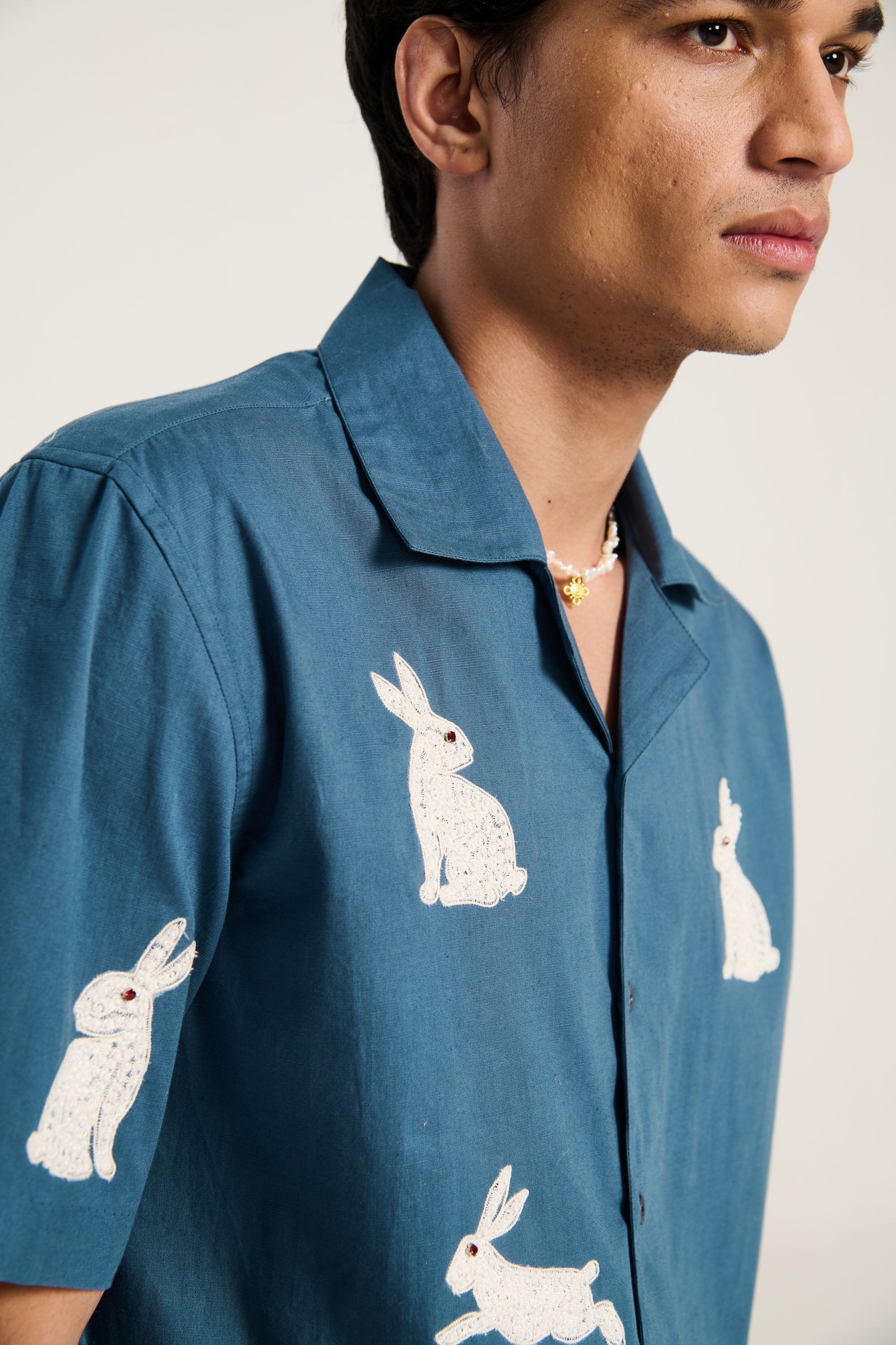 "Beadwork bunny" hand embroidered shirt