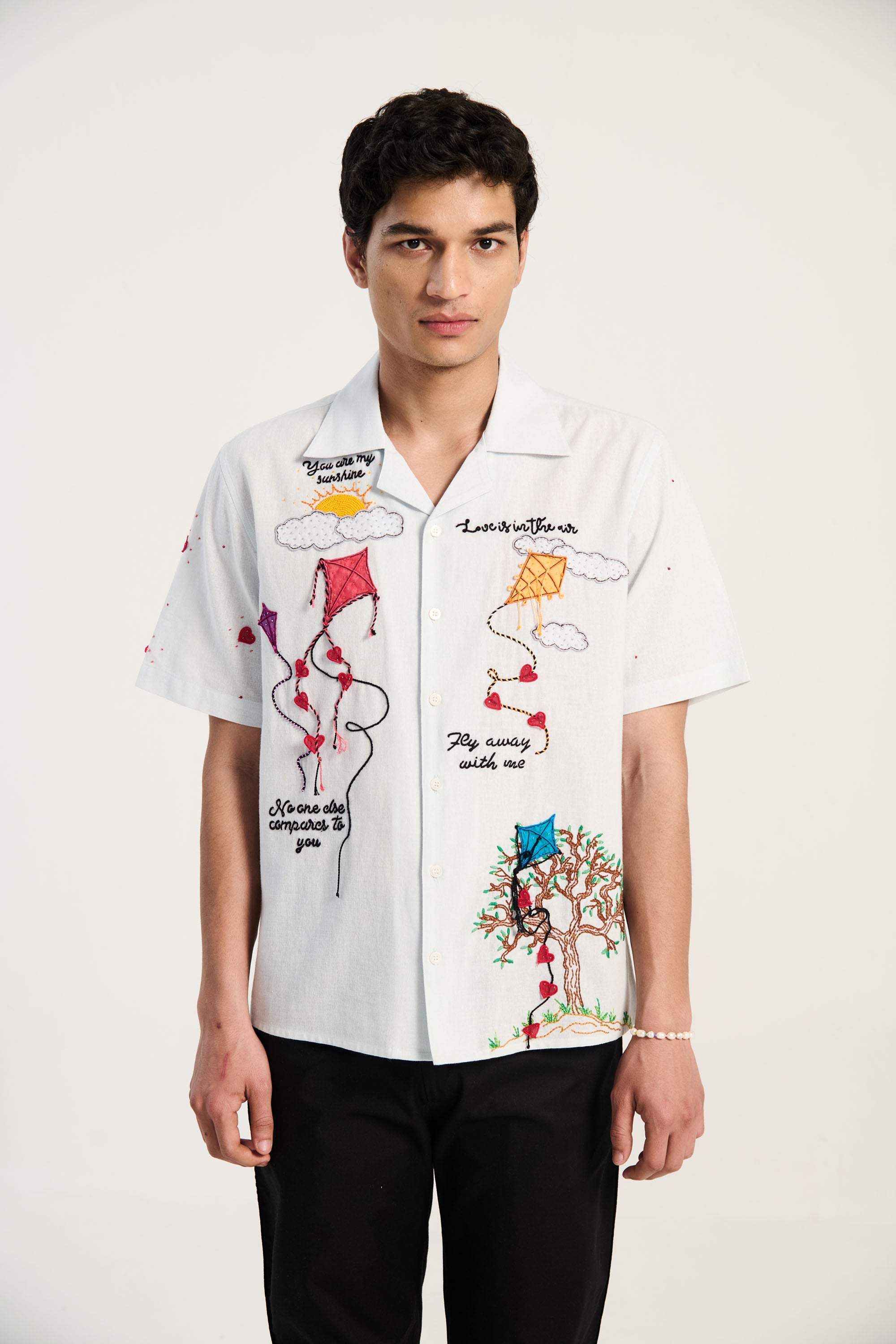 'Love is in the air" hand embroidered shirt