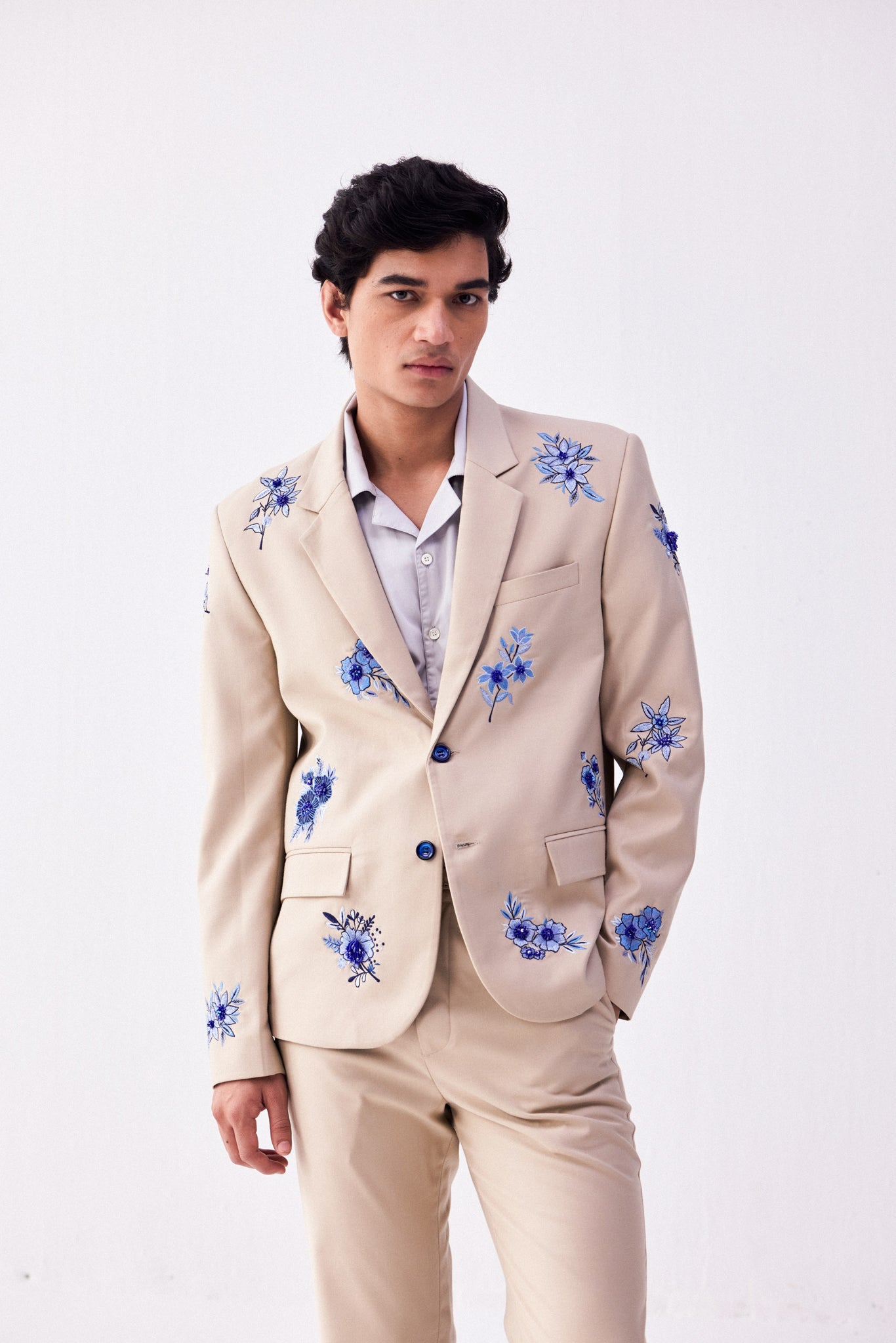 Blue floral hand embroidered blazer