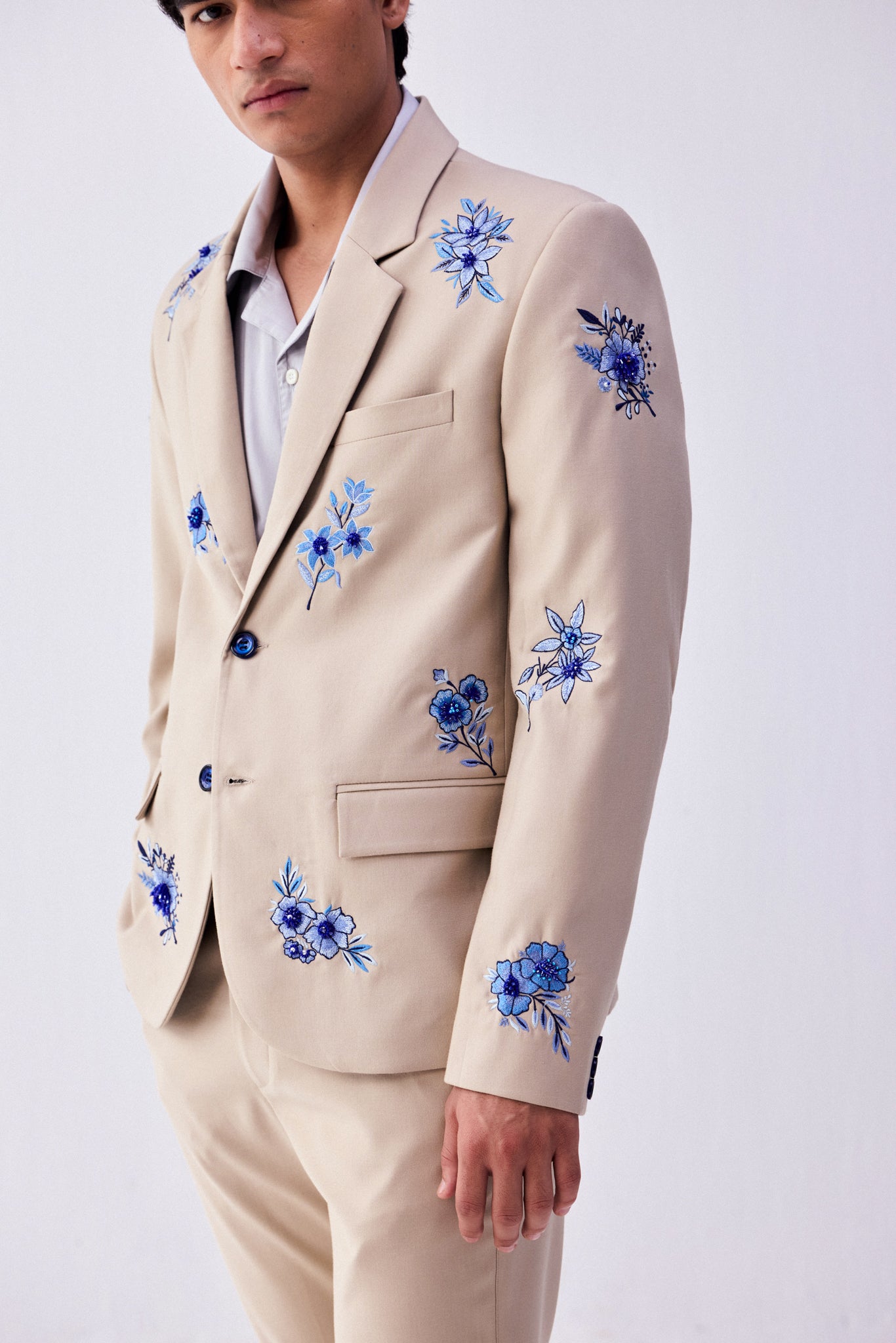 Blue floral hand embroidered blazer